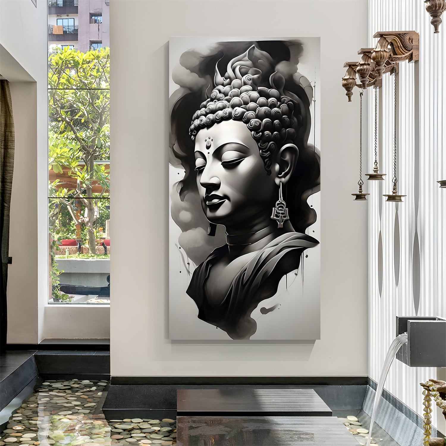 Mystic Buddha Face canvas painting with black smoke spiritual artwork in canvas wrapped frame