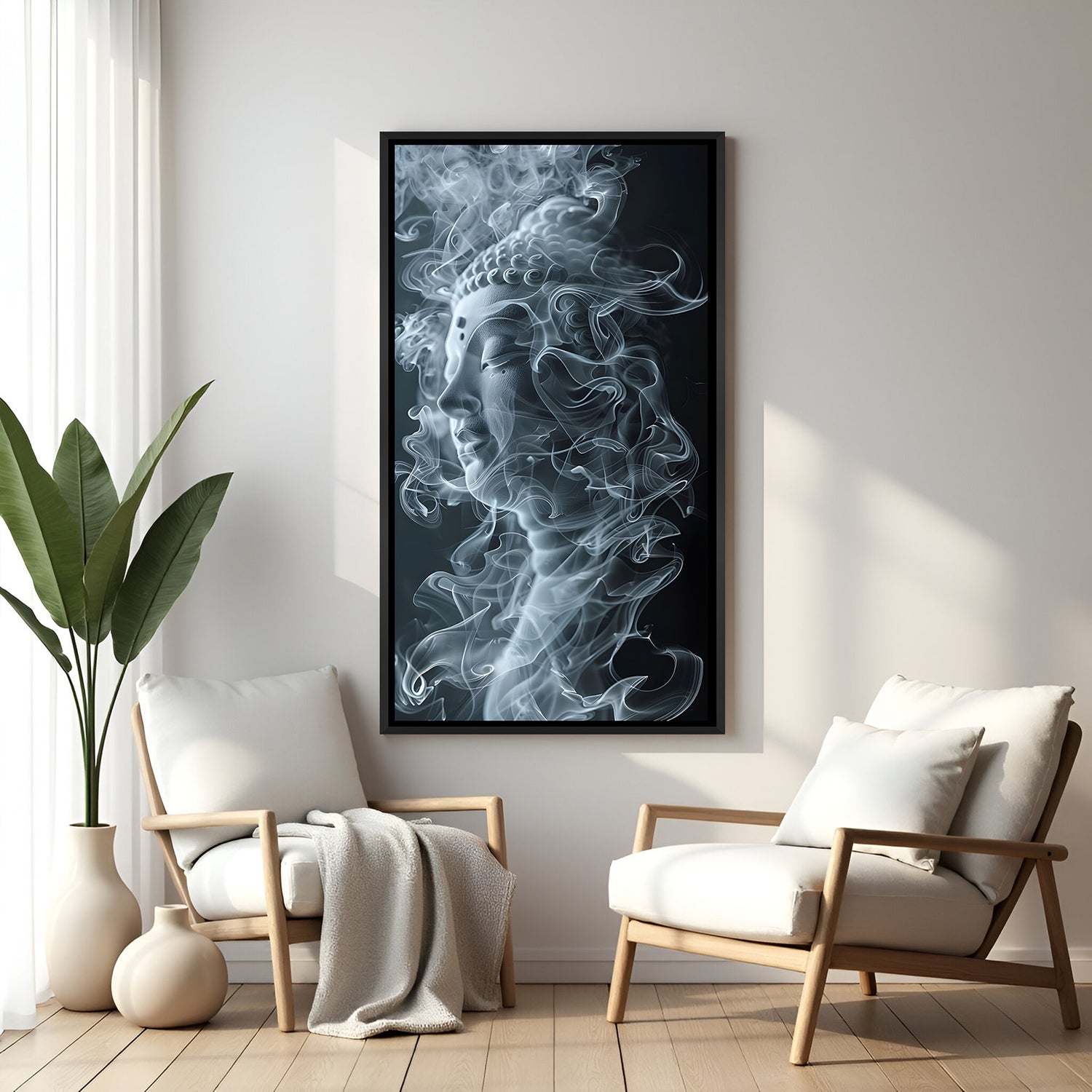 Mystic Buddha spiritual smoke canvas artwork in premium black floater frame