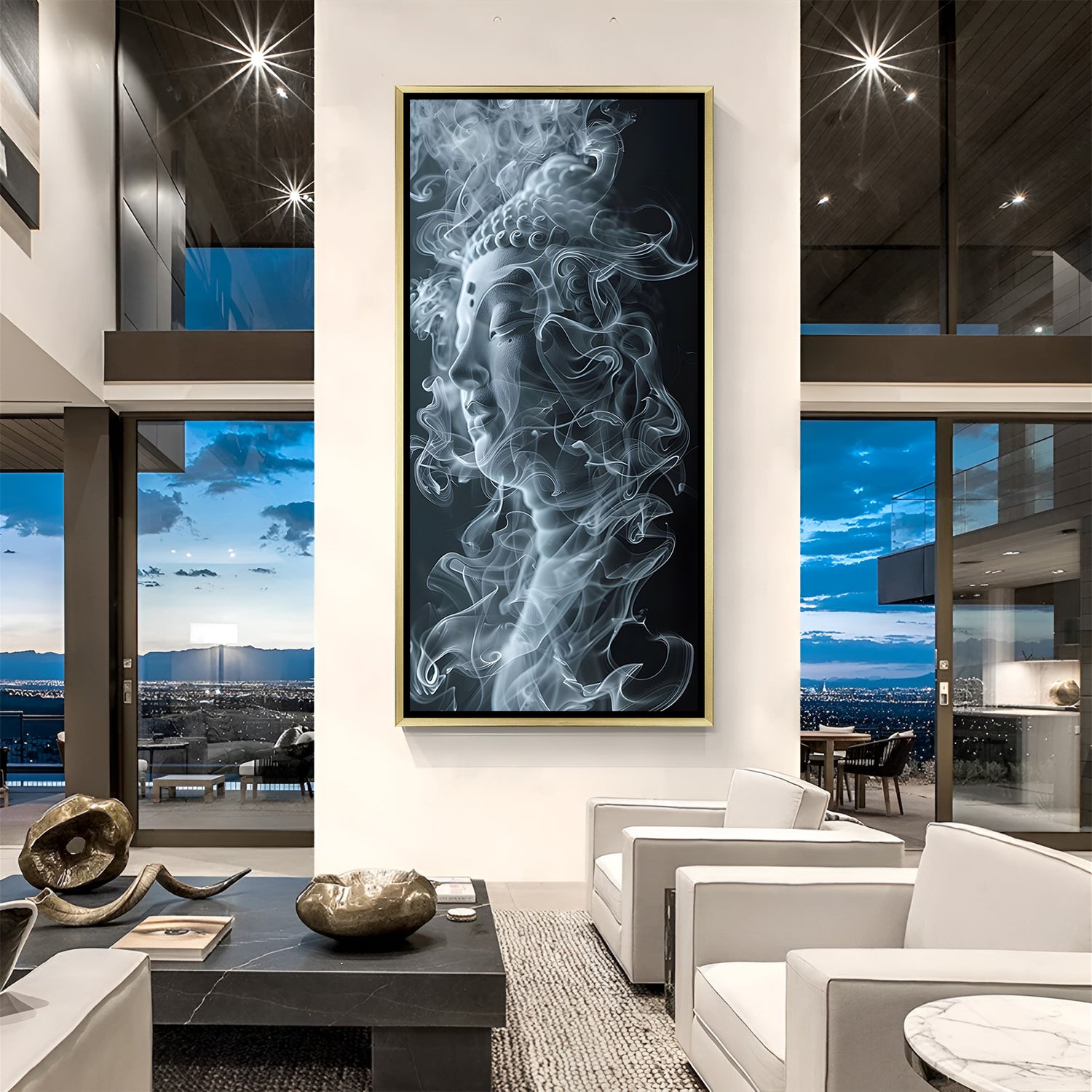 Mystic Buddha meditation wall art in luxury golden floater frame with smoke effect