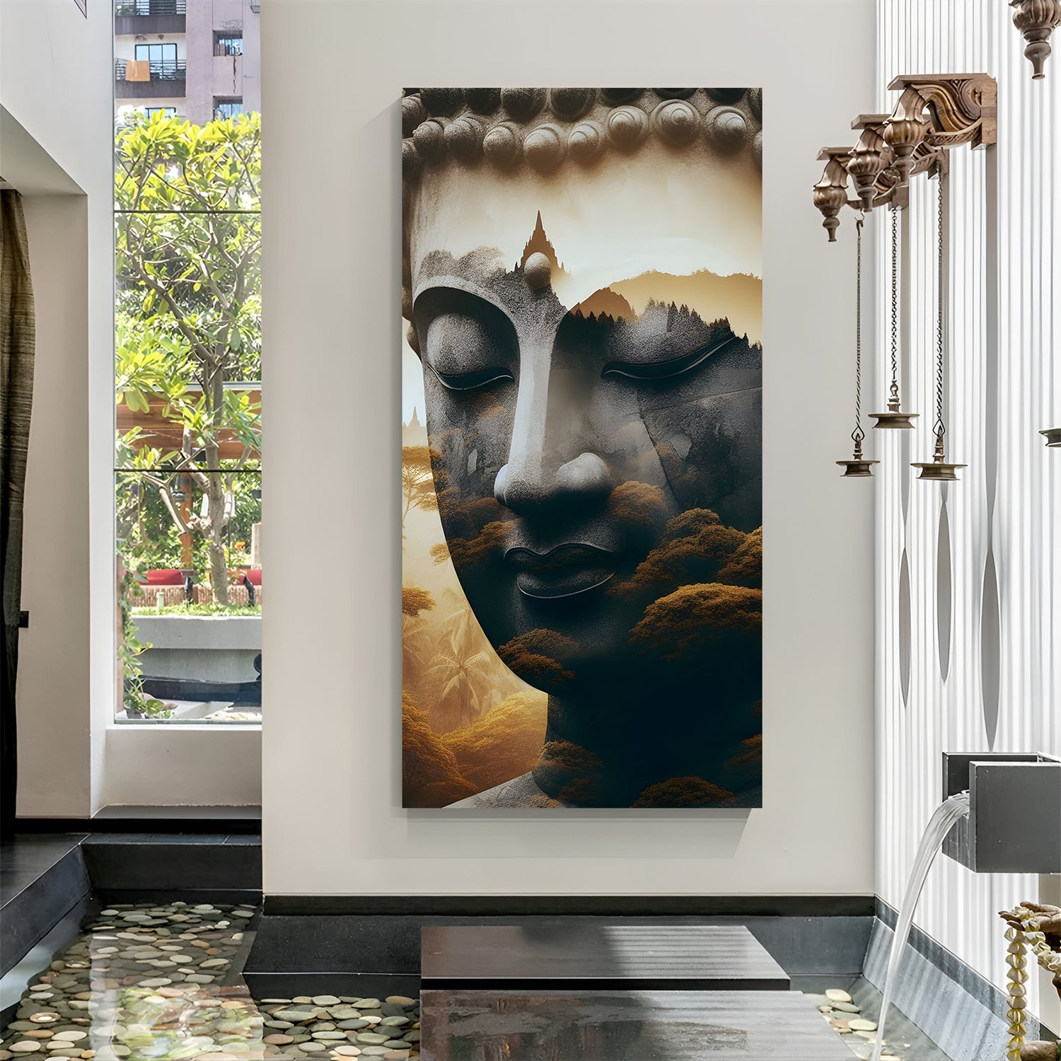 Vertical Buddha face artwork blended with forest landscape and temple silhouette.
