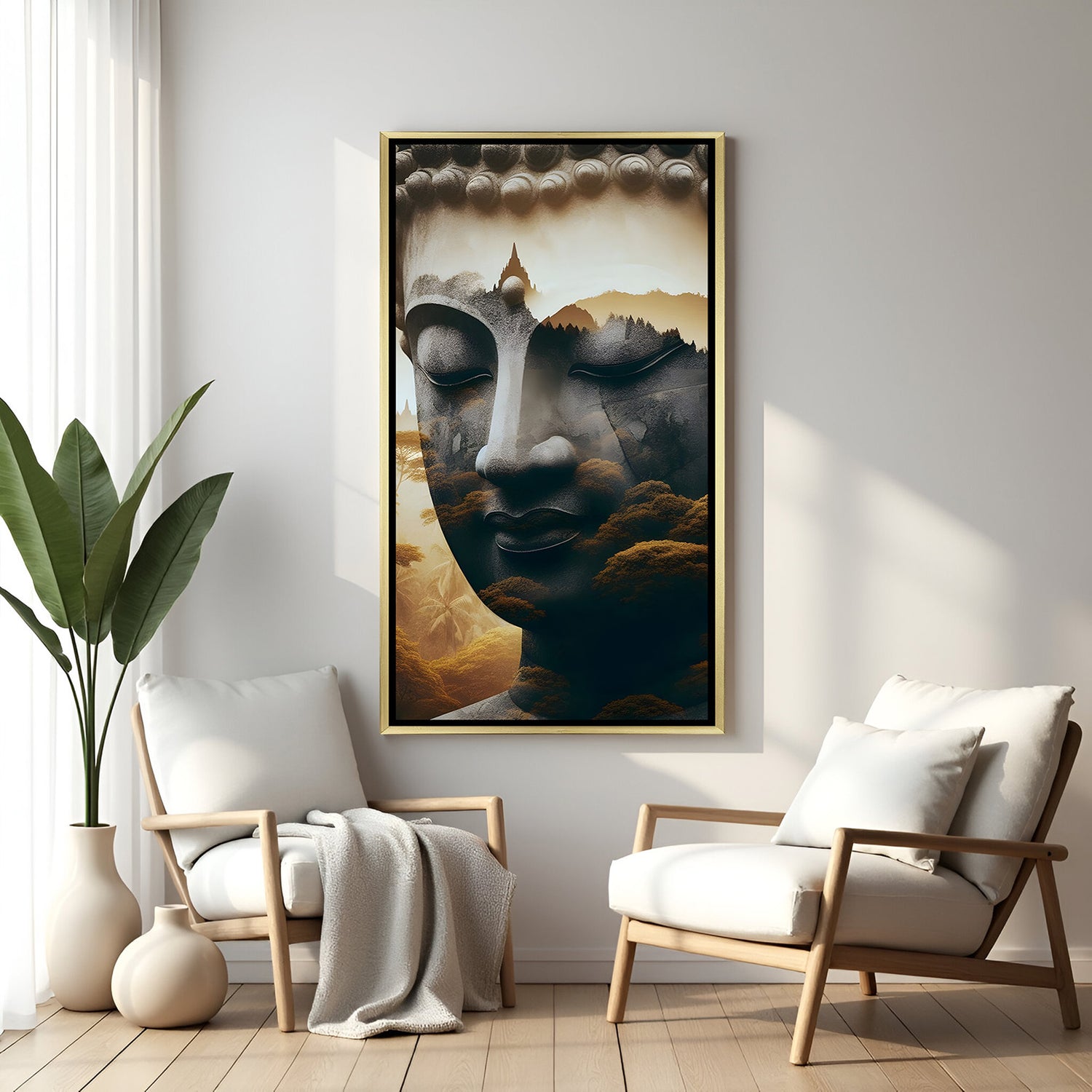 Contemporary spiritual Buddha canvas featuring forest and temple overlay in white frame.