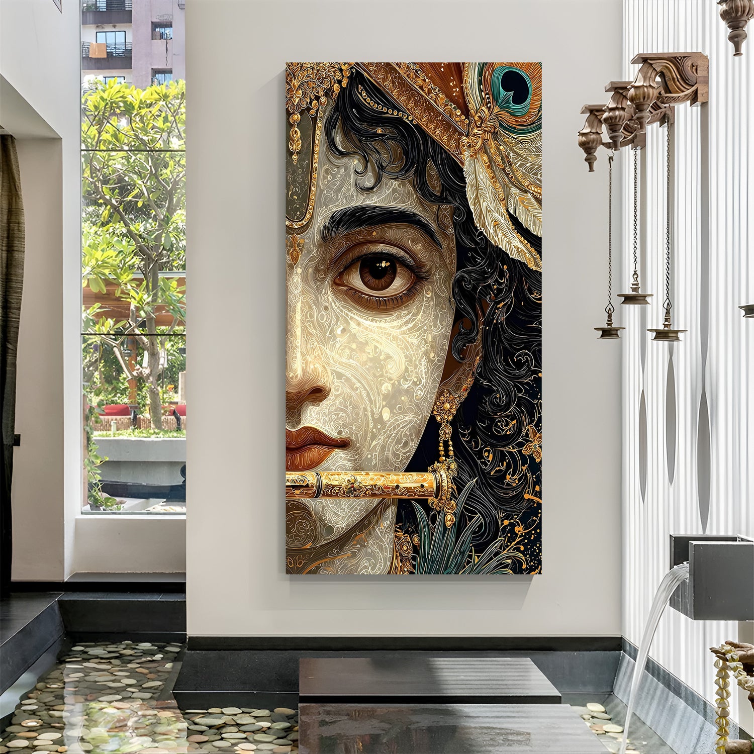 Half face Lord Krishna playing flute canvas wall art in premium canvas wrapped frame with mystical spiritual vibe