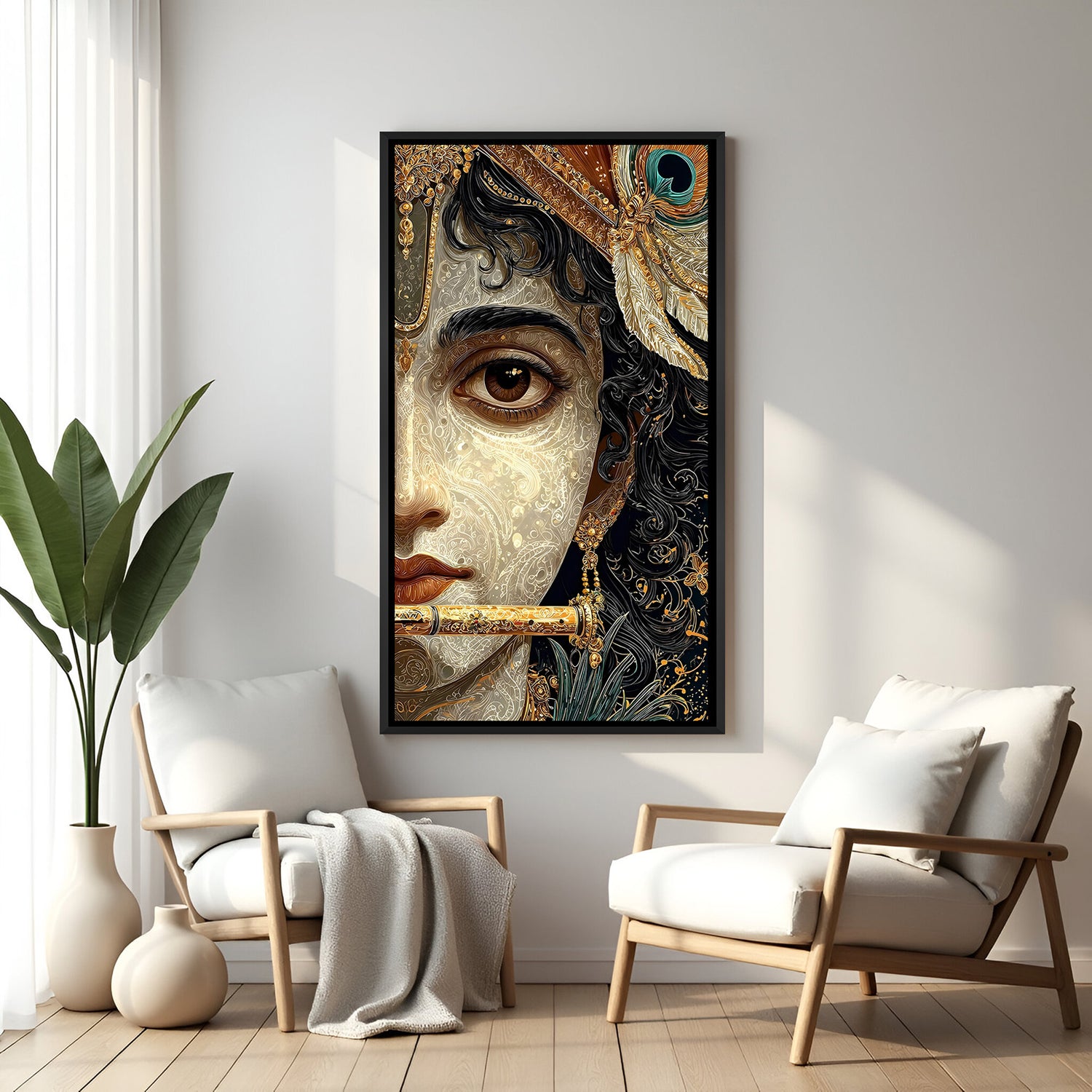 Krishna half face flute painting in elegant black floater frame modern spiritual canvas wall decor