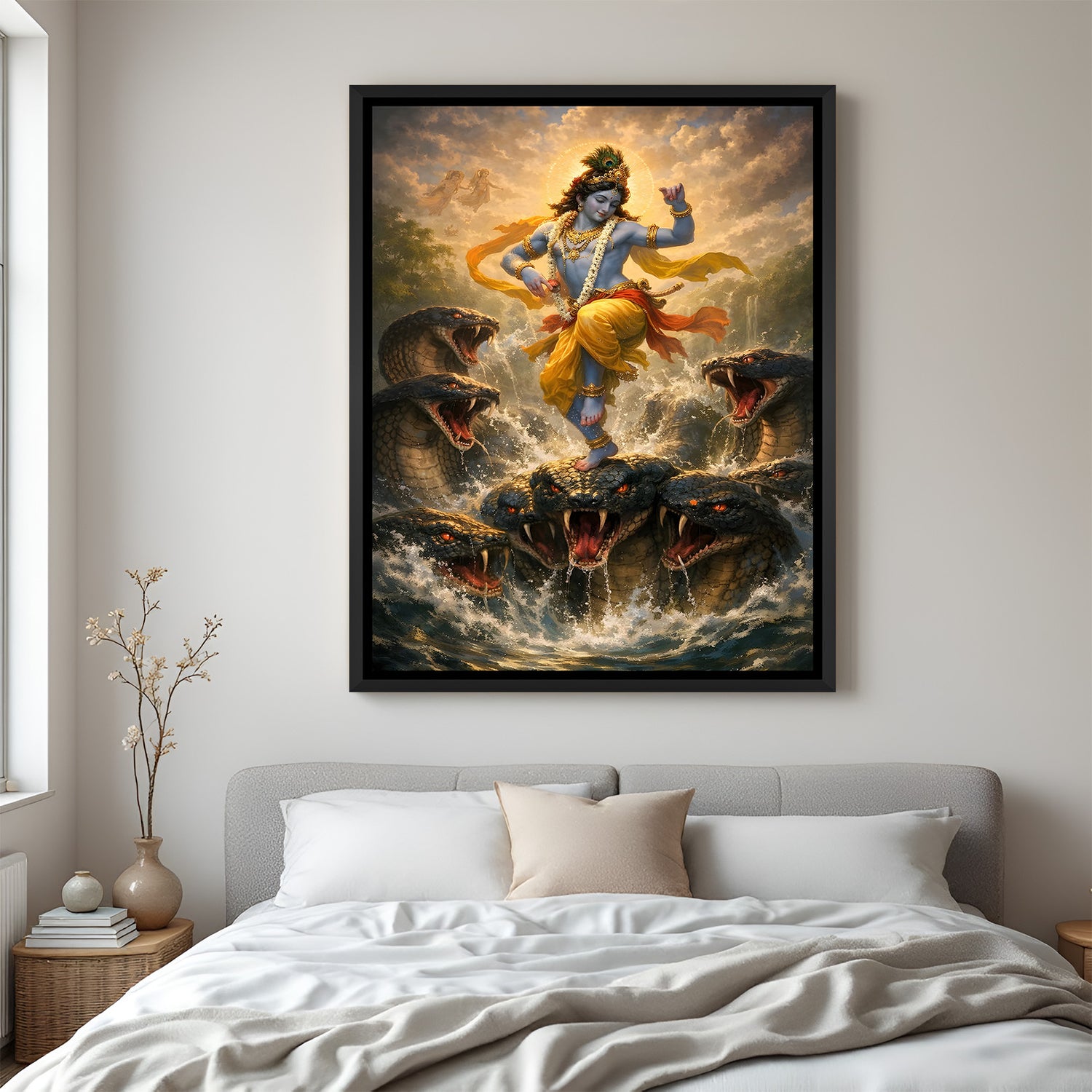 Kaliya Mardan Lord Krishna artwork in elegant black floater frame featuring divine victory over serpent Kaliya