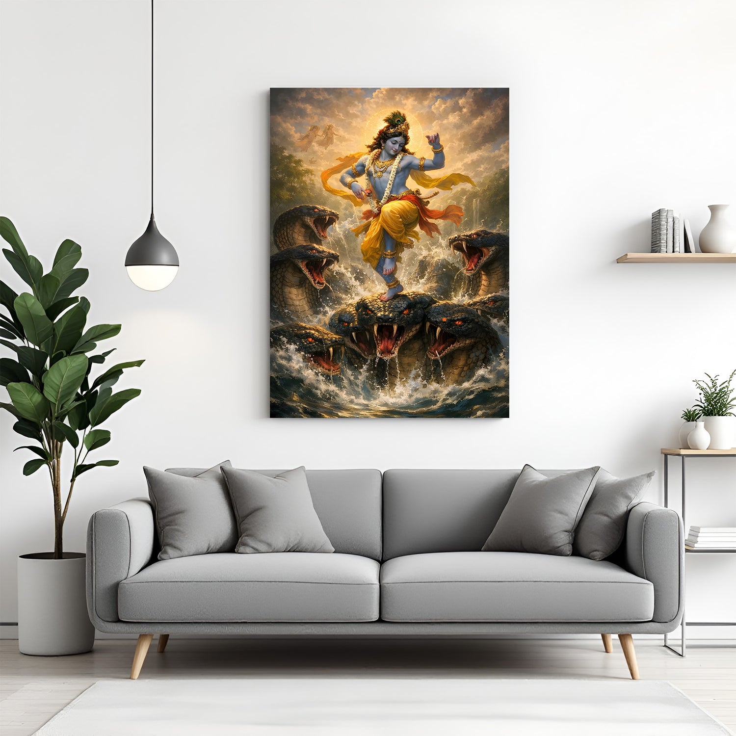 Lord Krishna dancing on Kaliya serpent heads canvas wall art in premium canvas wrapped frame depicting Kaliya Mardan