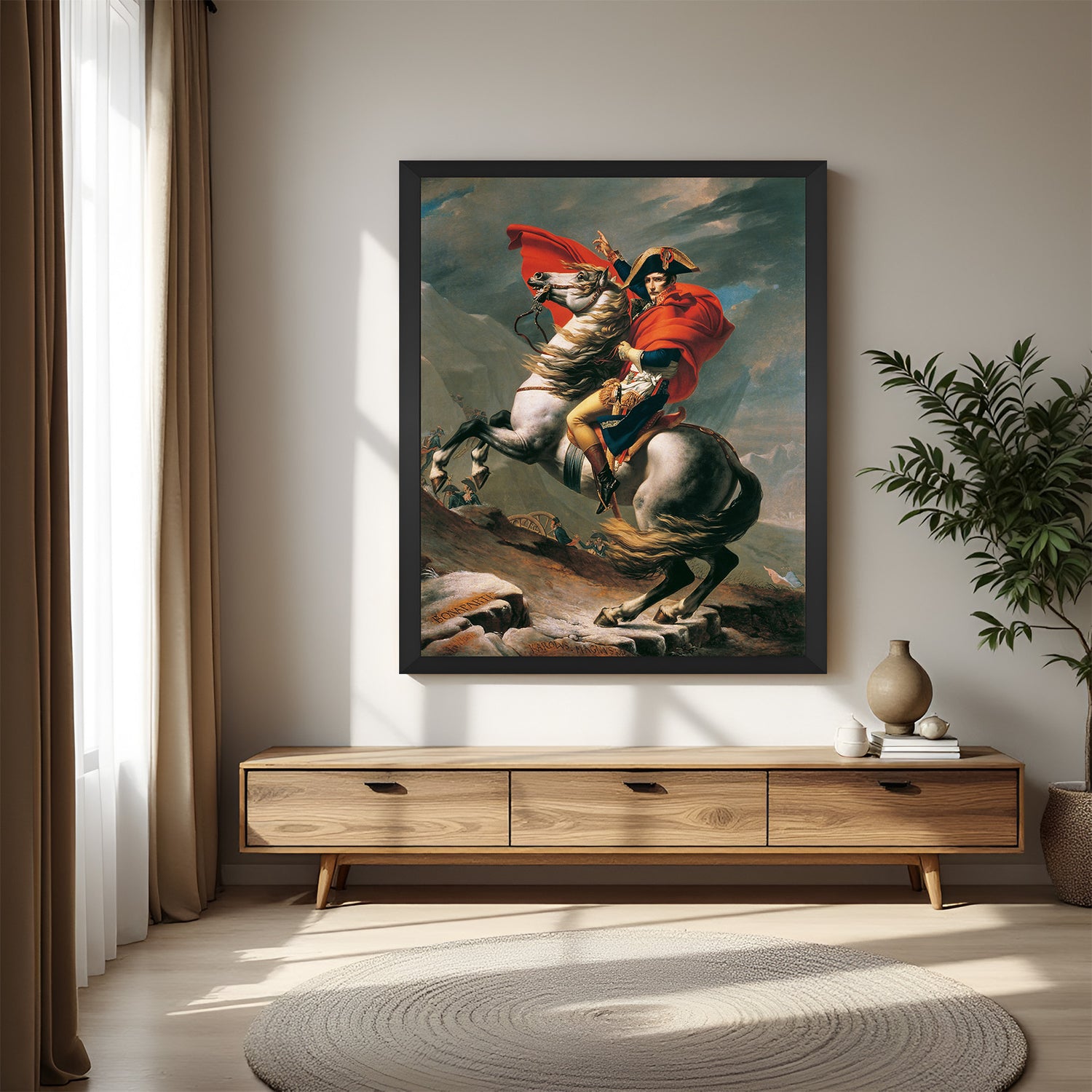 Black-framed canvas print of Napoleon on horseback—vintage canvas art with historical and powerful composition
