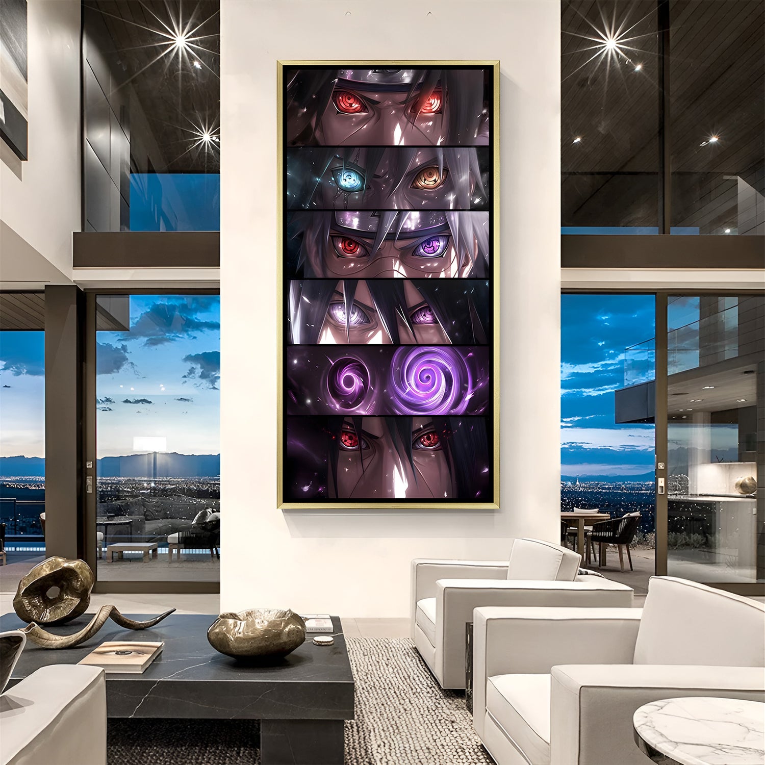 Naruto Shippuden wall art in luxury golden floater frame with anime eyes collage design