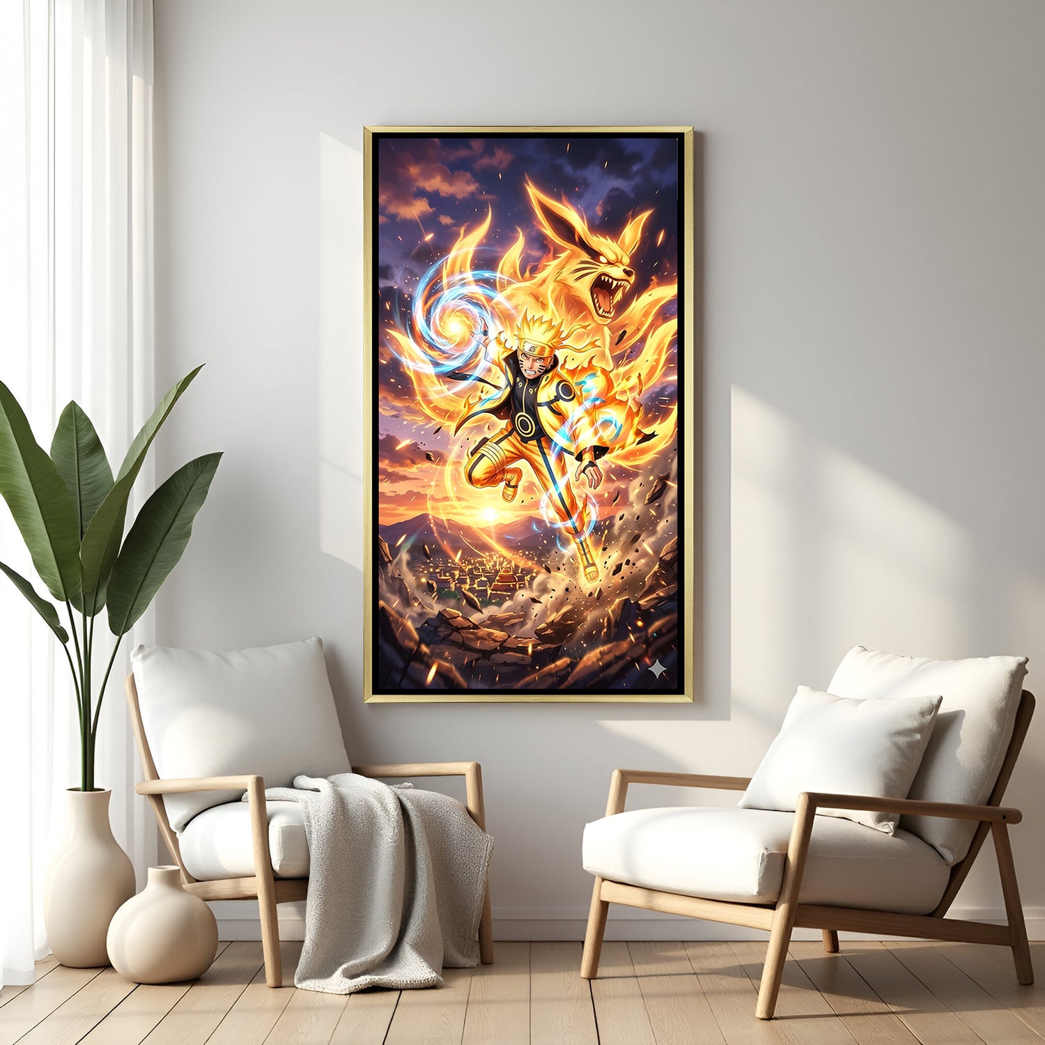 Naruto Uzumaki Naruto wall art in luxury golden floater frame with Kurama anime design