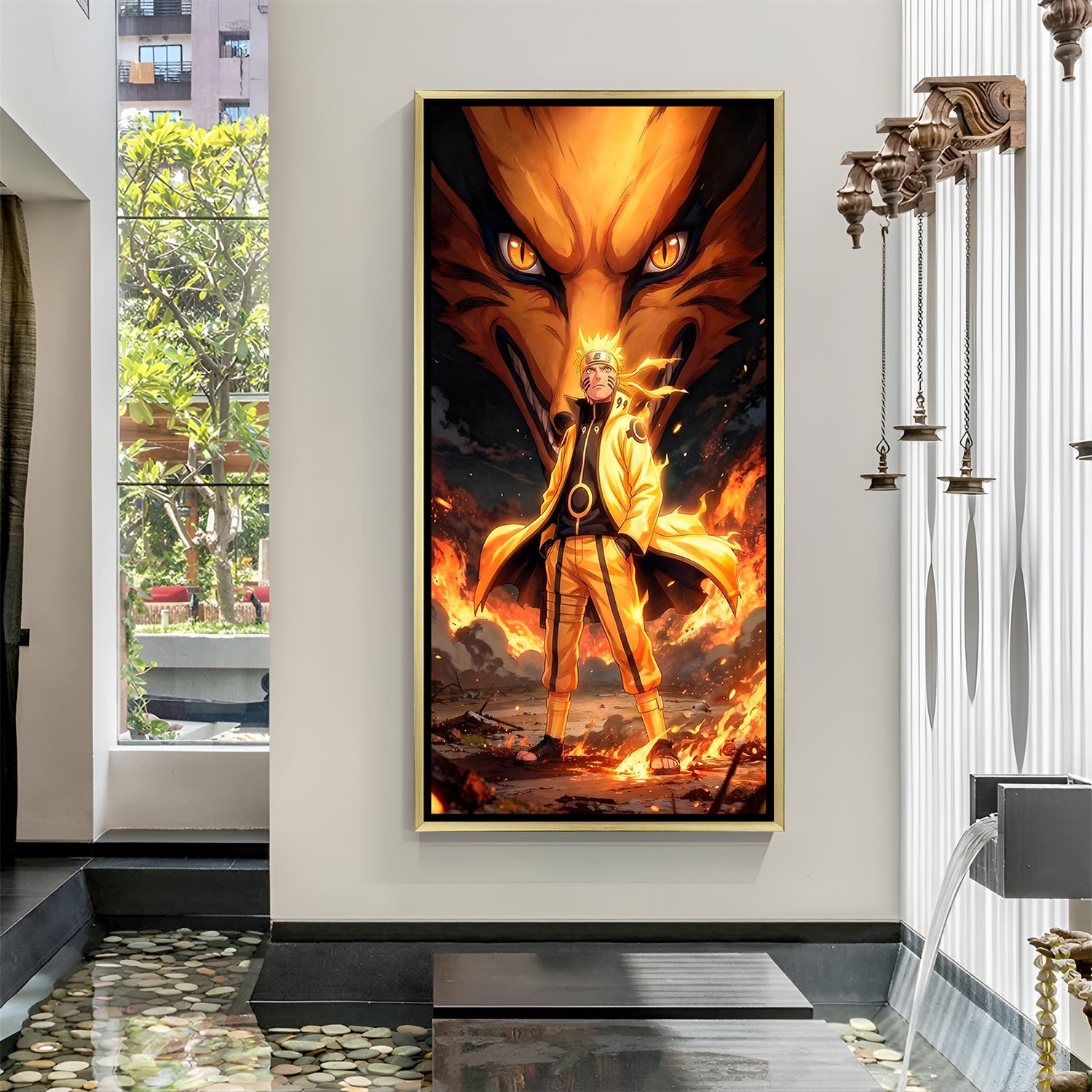 Naruto Uzumaki Naruto wall art in luxury golden floater frame with Kurama anime design