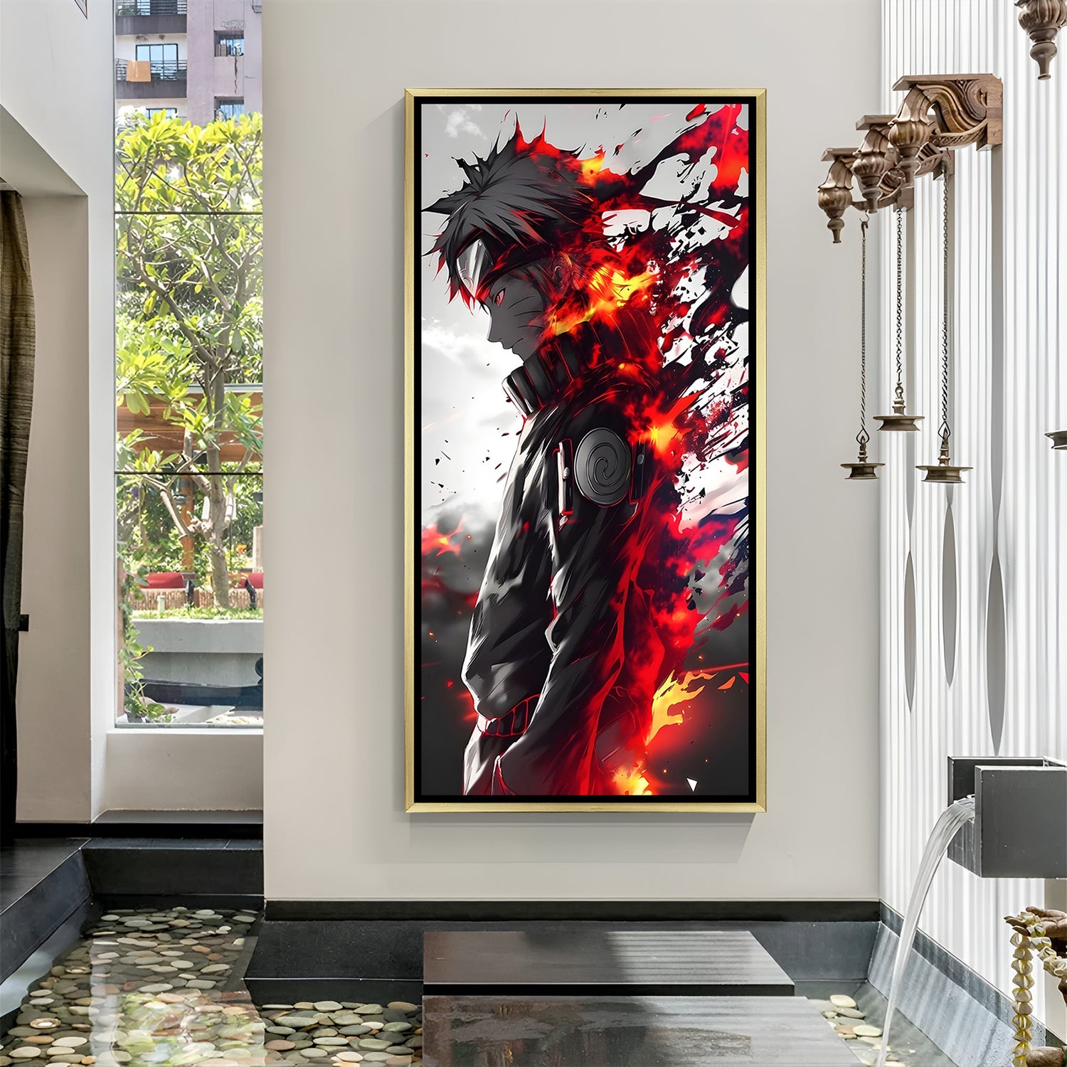 Naruto Uzumaki Naruto wall art in luxury golden floater frame with flame anime design