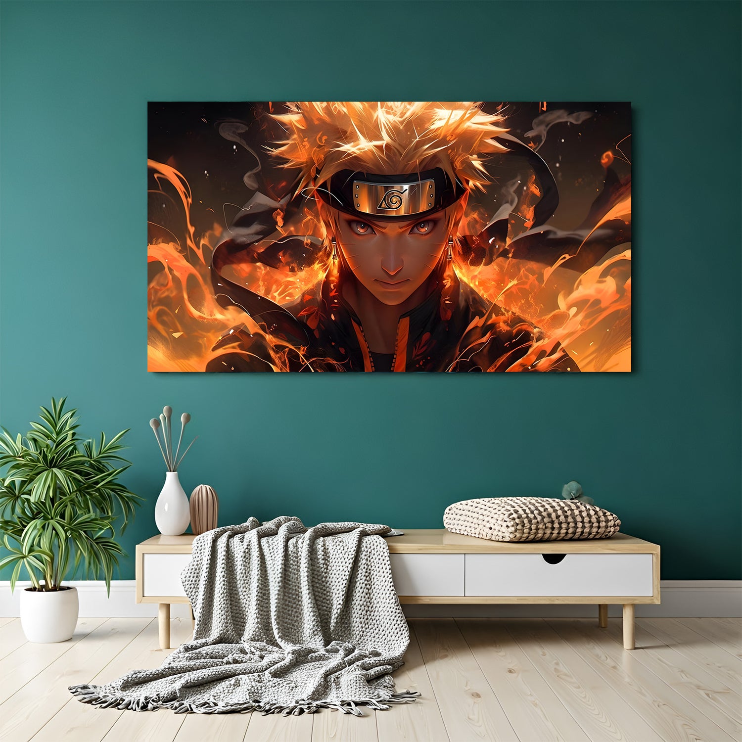 Naruto Uzumaki fire aura canvas painting with fiery anime artwork in canvas wrapped frame