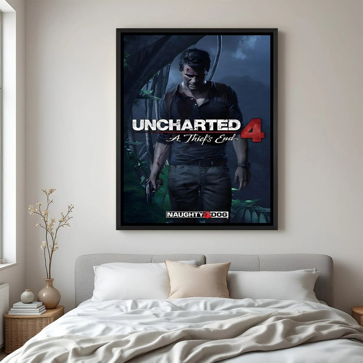 Nathan Drake's Final Expedition wall painting in black floater frame with epic treasure-hunting gaming artwork
