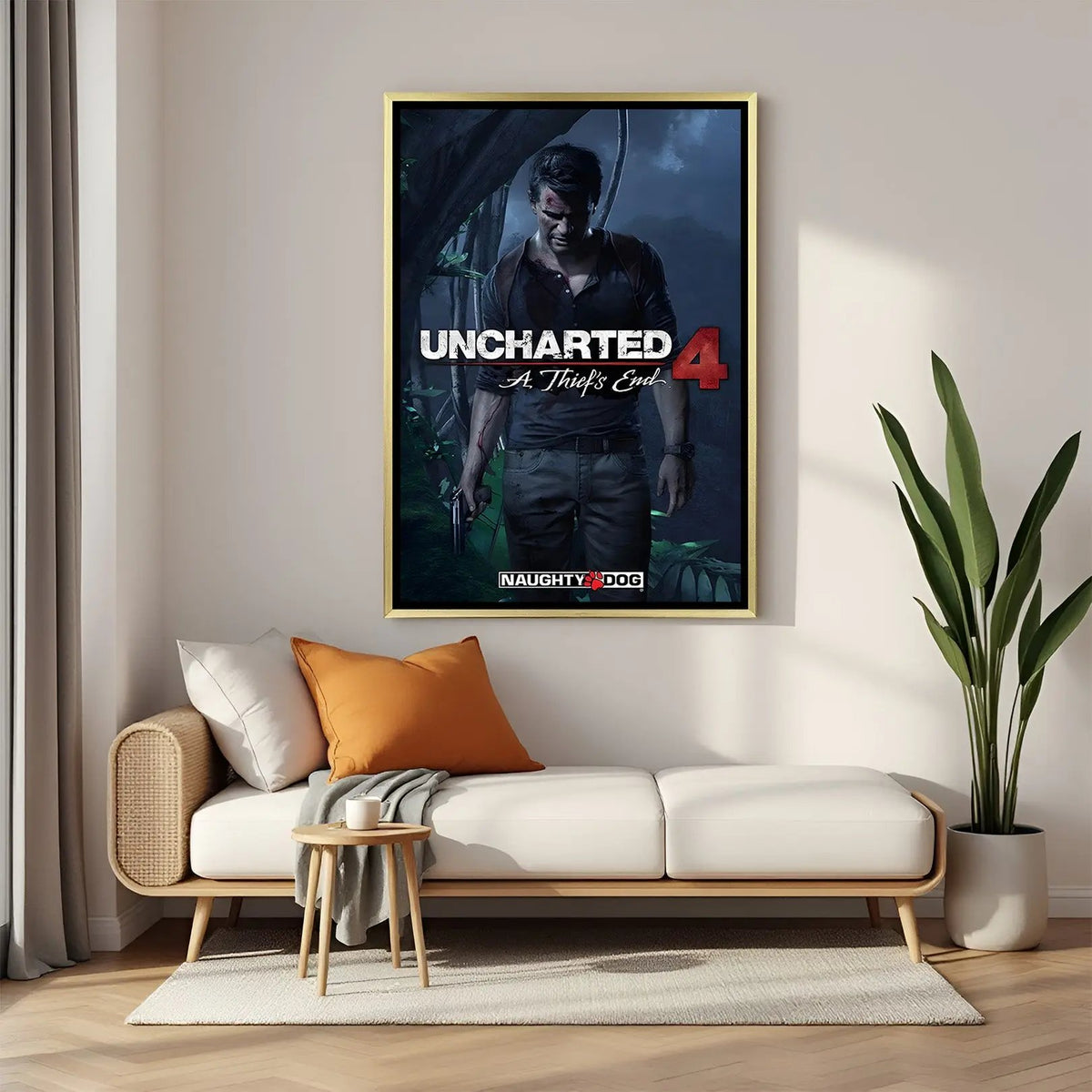 Nathan Drake's Final Expedition artwork in luxury golden floater frame featuring adventure game-inspired landscape design