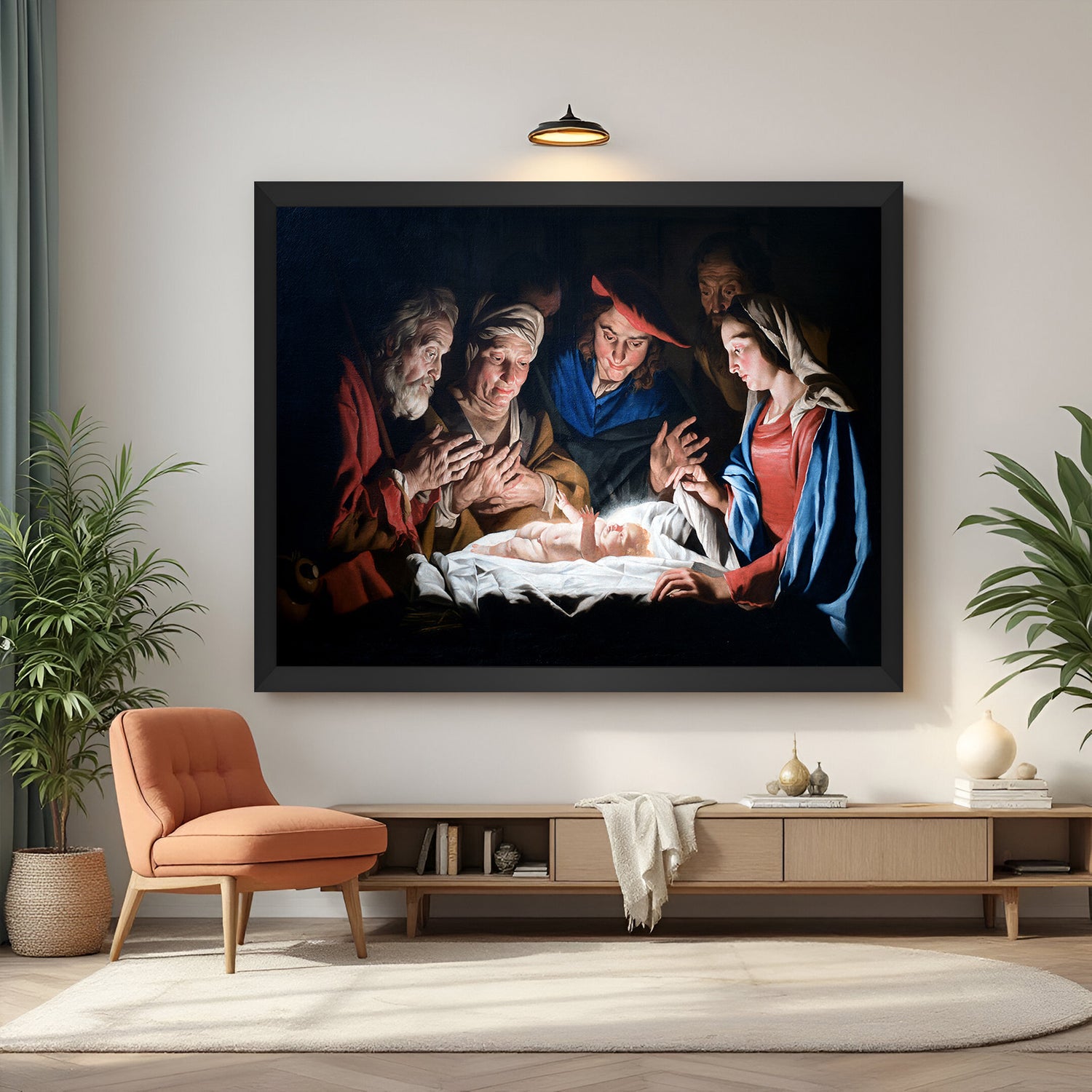 Black-framed canvas printed wall art of Nativity scene with baby Jesus—classic religious art for peaceful interiors