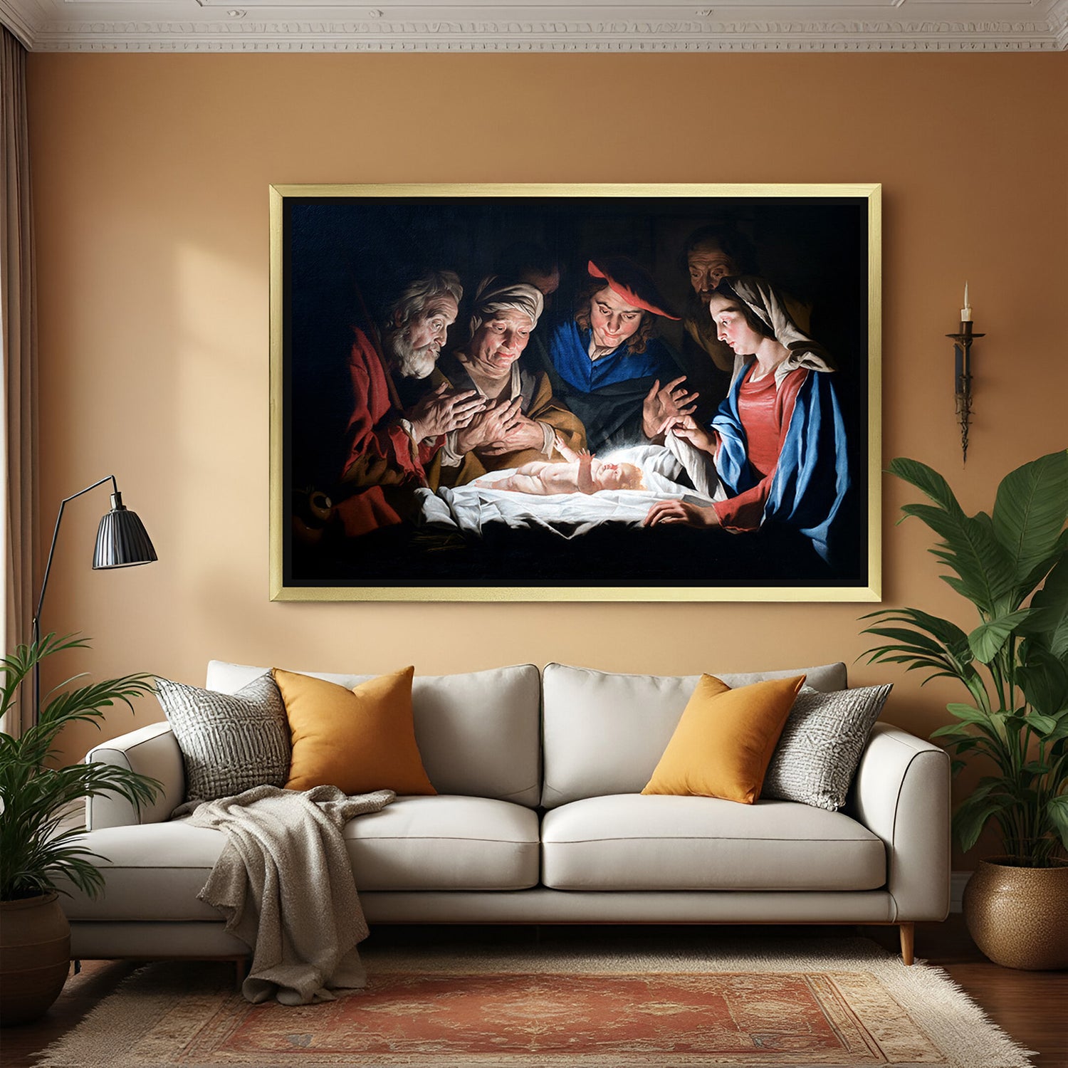 Golden-framed ancient-style canvas art of Jesus’ birth—vintage spiritual wall decor for faith-filled homes
