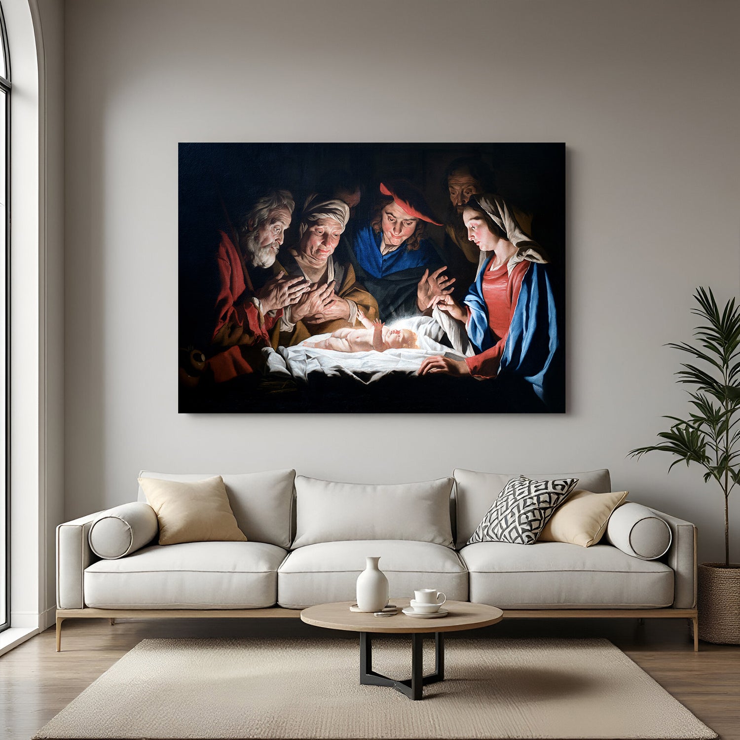 Vintage canvas wall art of the Nativity of Jesus—ancient-style religious decor with holy birth sceneVintage canvas wall art of the Nativity of Jesus—ancient-style religious decor with holy birth scene