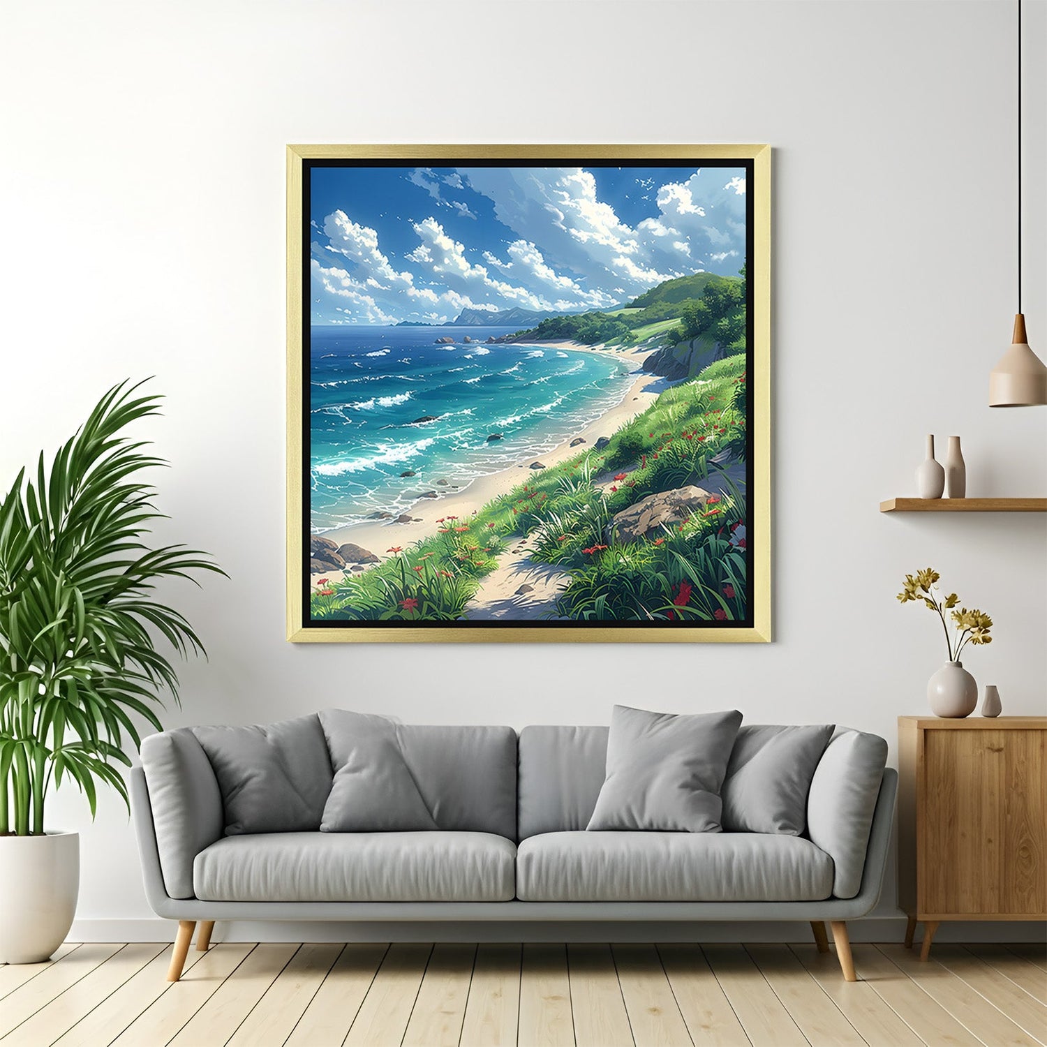 Beautiful ocean shore scenery with soft waves and sand, presented in golden floater frame to add warmth to peaceful wall art