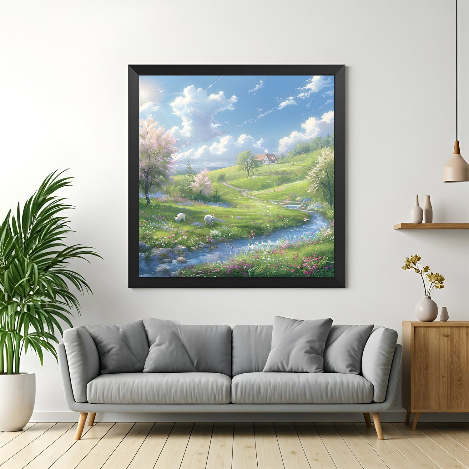 Bright sky and nature painting with rabbit, grass, and flowing river, framed in black floater for peaceful and fresh natural home decor