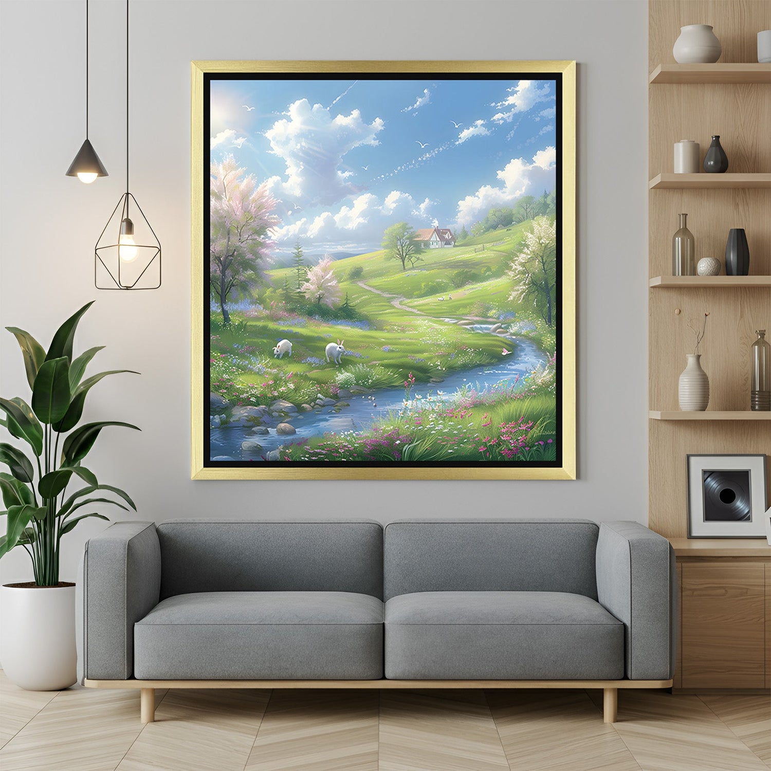 Charming nature canvas print of rabbit and river landscape, with golden floater frame adding warmth to the lively and serene wall decor