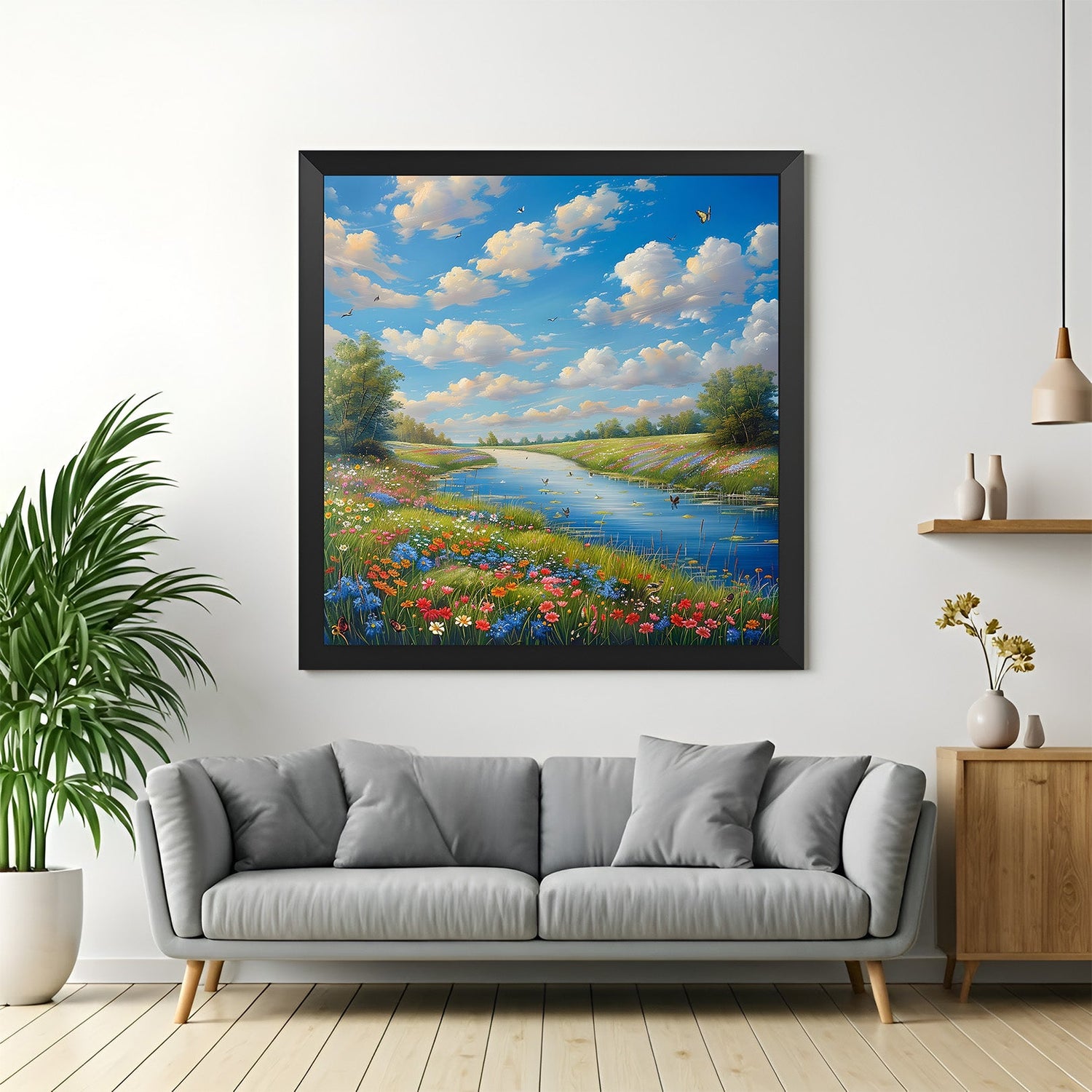 Nature landscape painting framed in black floater, showcasing trees and natural elements for minimal and modern decor
