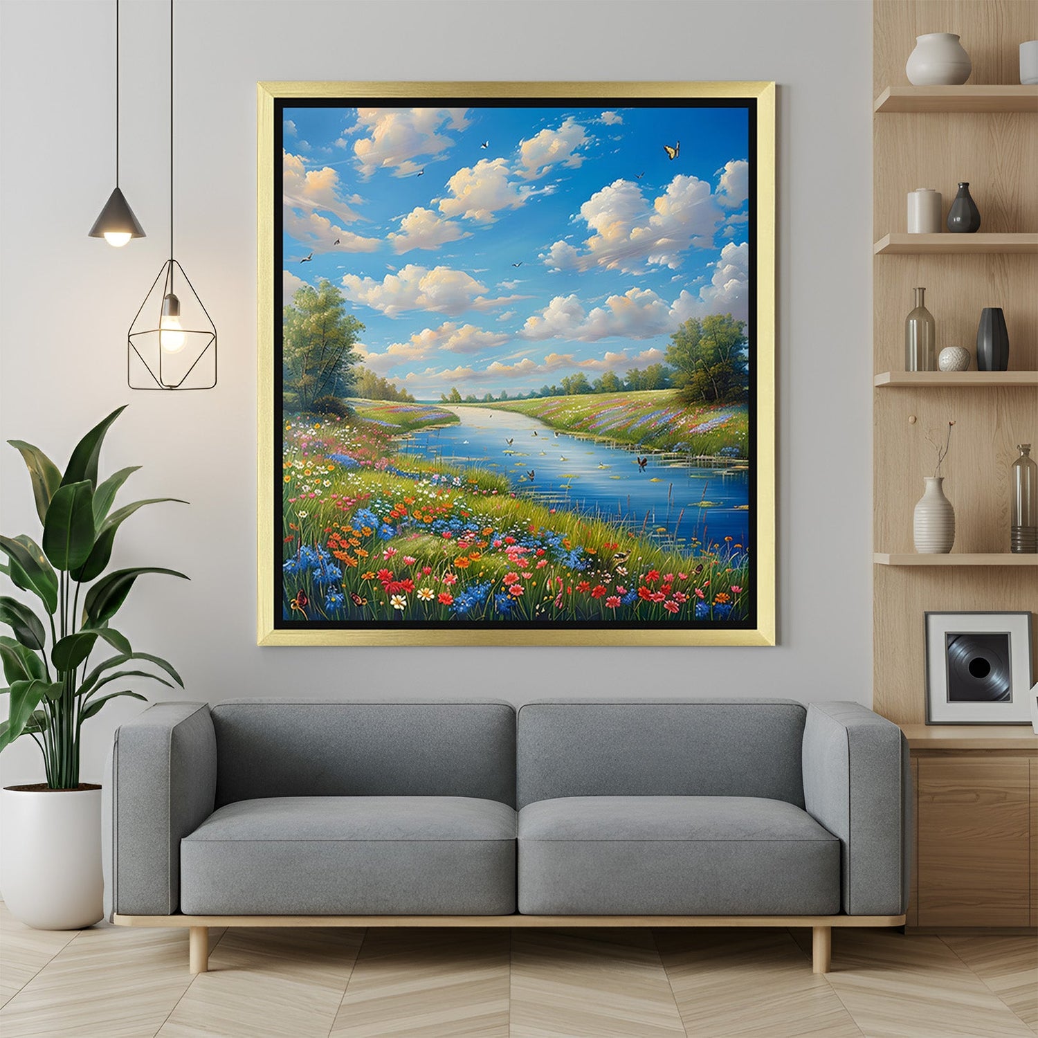 Beautiful scenery canvas print of natural landscape, framed in golden floater to add elegance to peaceful wall decor
