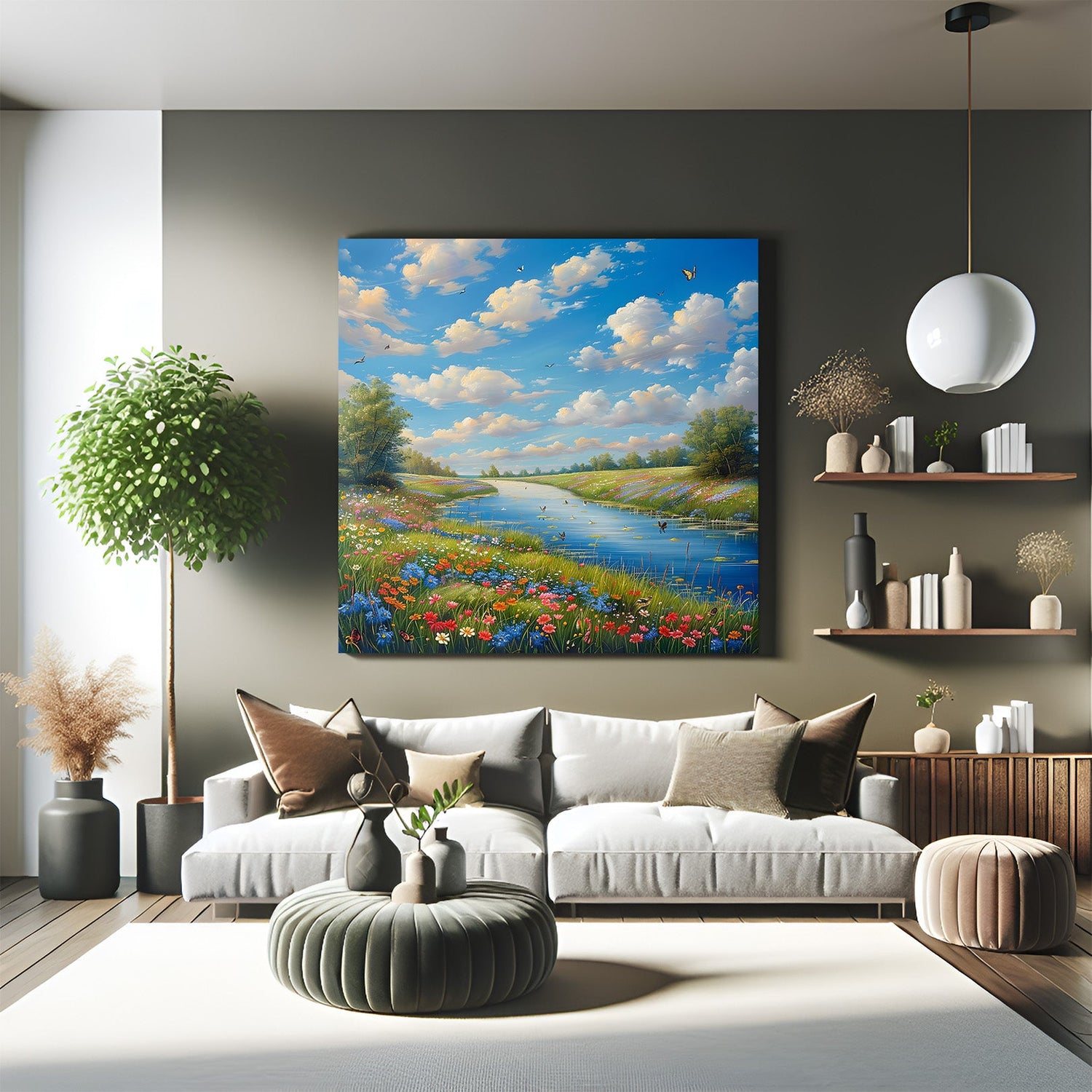 Canvas wall art featuring a peaceful nature scenery with trees, greenery, and open skies, bringing calm and charm to any room