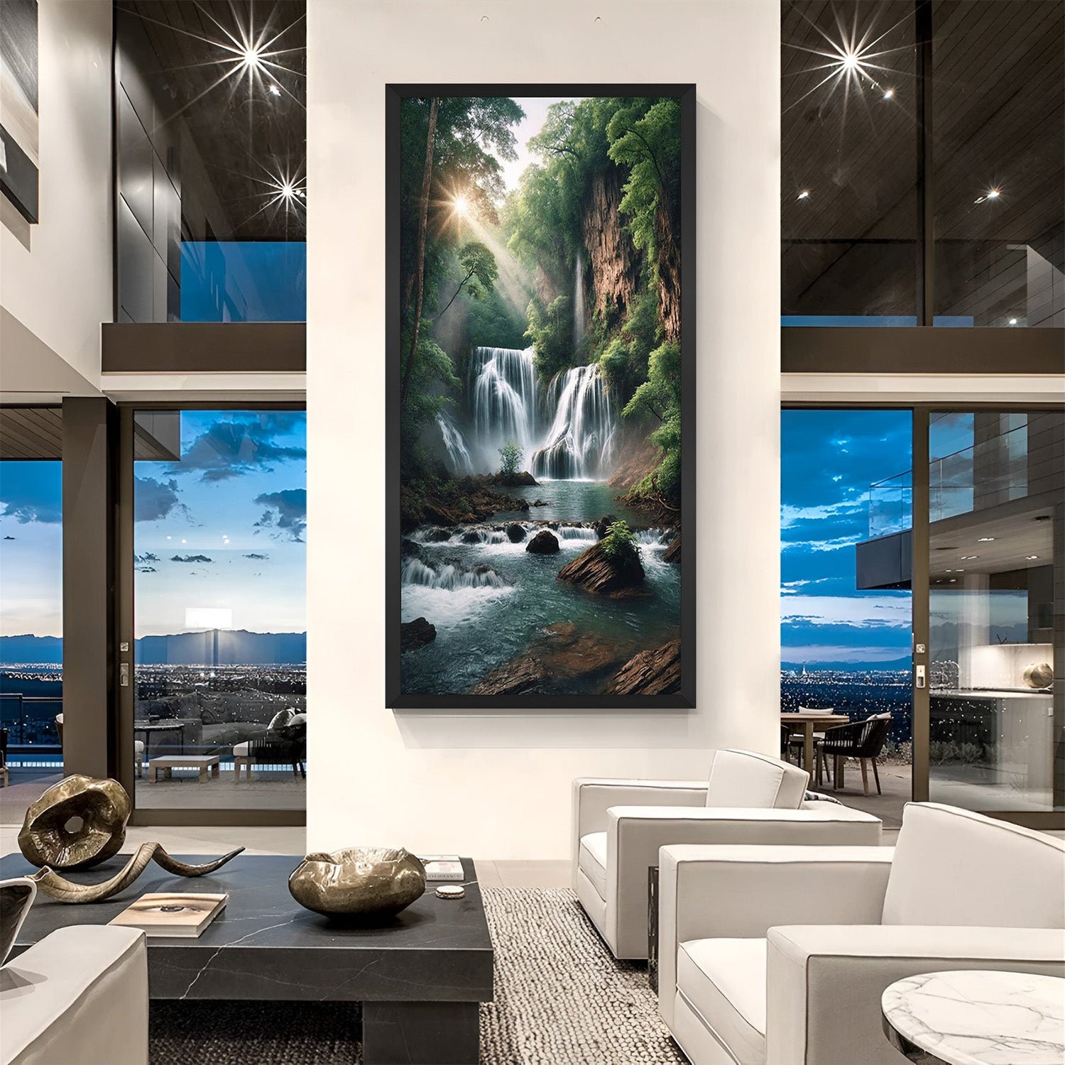 Waterfall canvas painting in black floater frame for modern, Vastu-aligned office or cabin wall art