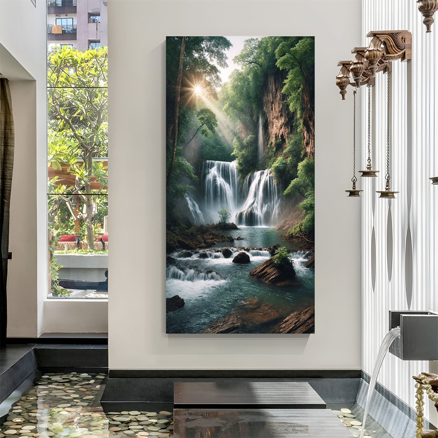 Nature-inspired waterfall canvas painting symbolizing energy flow for peaceful and stylish office wall decoration