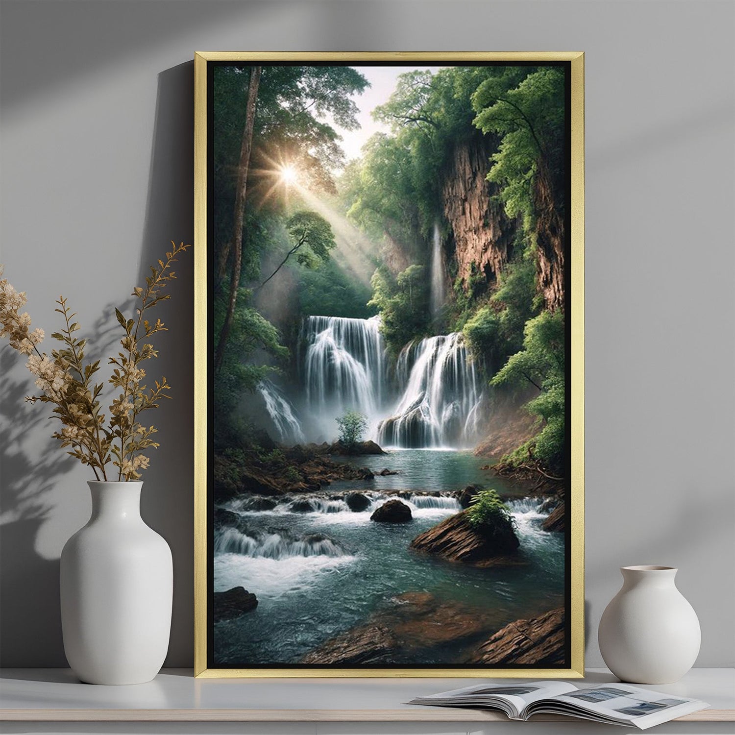 Golden frame waterfall canvas wall art for positive energy and professional Vastu decor in office spaces