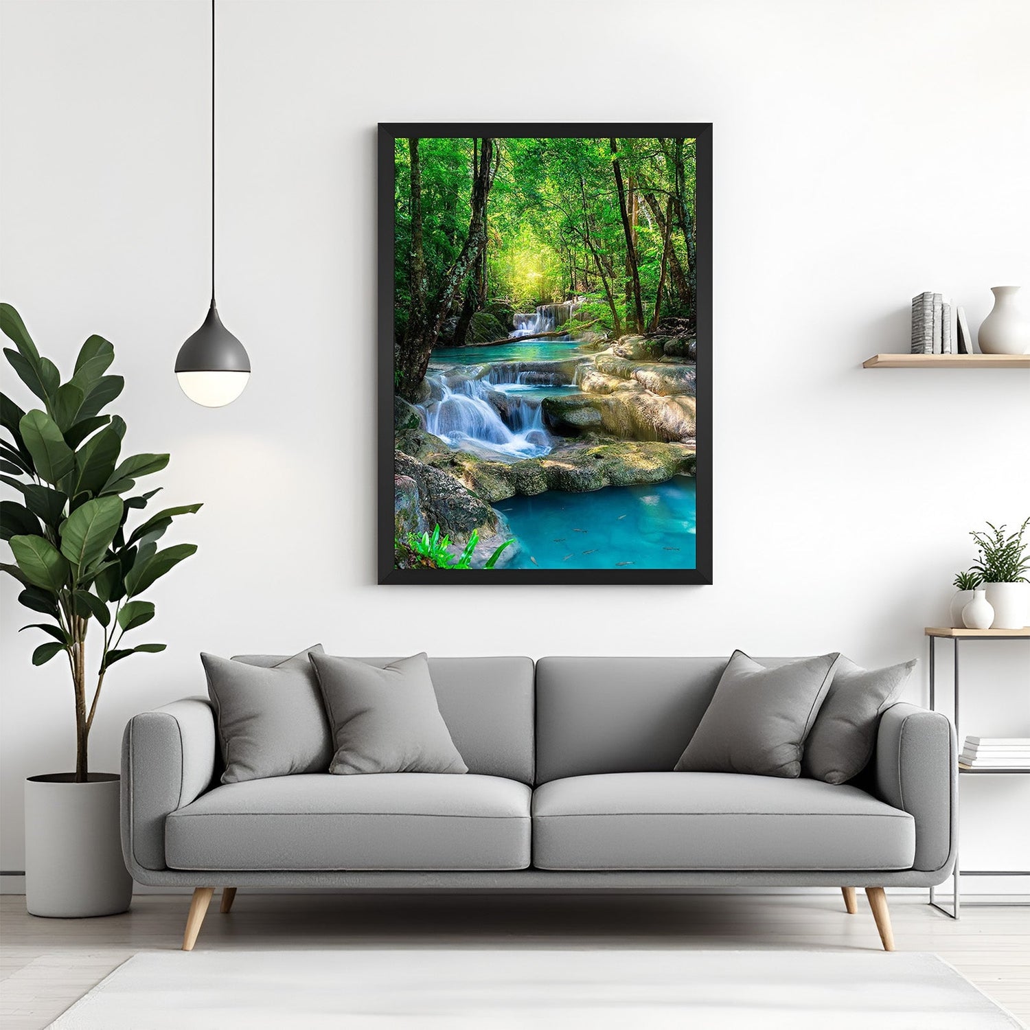 Waterfall Vastu Canvas Painting in black floater frame with natural scenery, ideal for peaceful and Vastu-aligned home or office wall decor