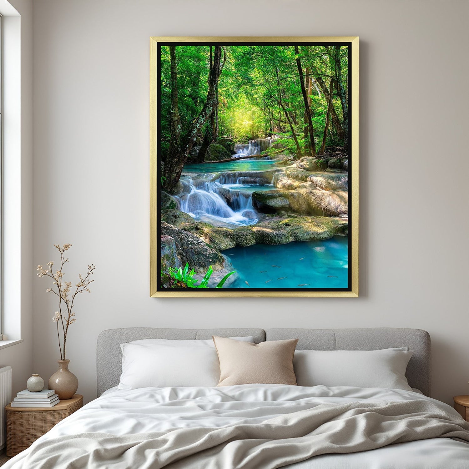 Golden floater frame Waterfall Vastu Wall Art for natural energy flow, positivity, and peaceful wall decoration in home or office