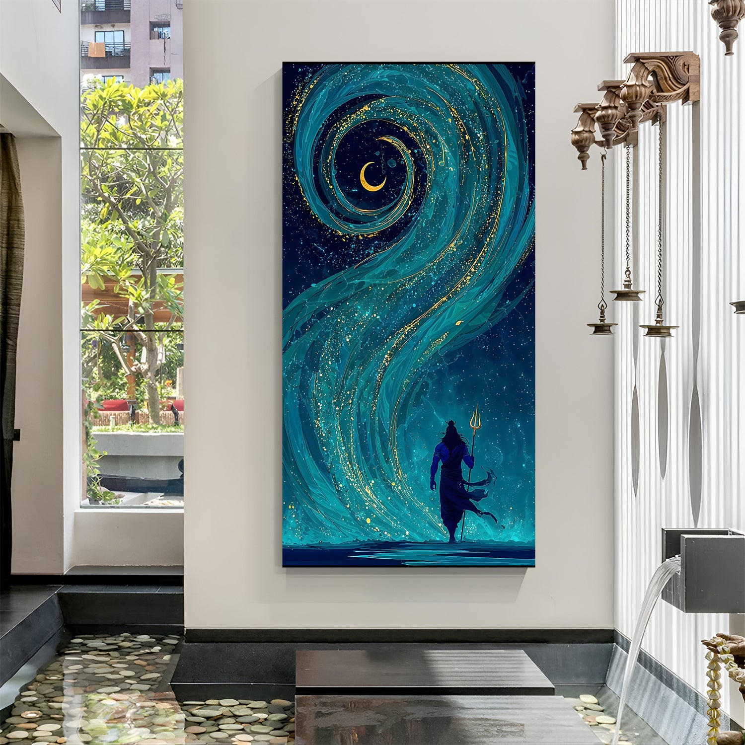 Silhouette of Lord Shiva against teal-blue celestial spiral with golden cosmic dust and crescent moon in premium canvas wrapped frame