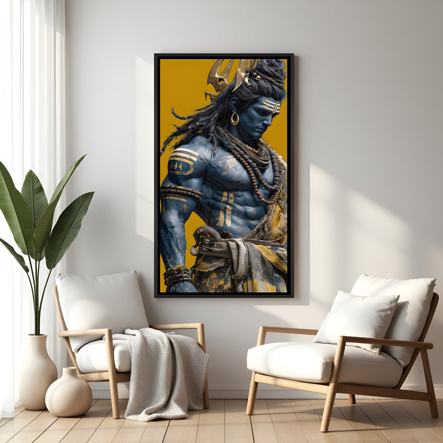 Vertical Mahadev blue silhouette artwork with yellow background in elegant black floater frame