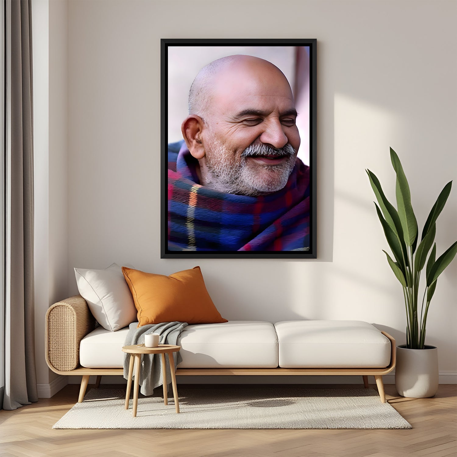 Neem Karoli Baba devotional wall painting in black floater frame spiritual decor