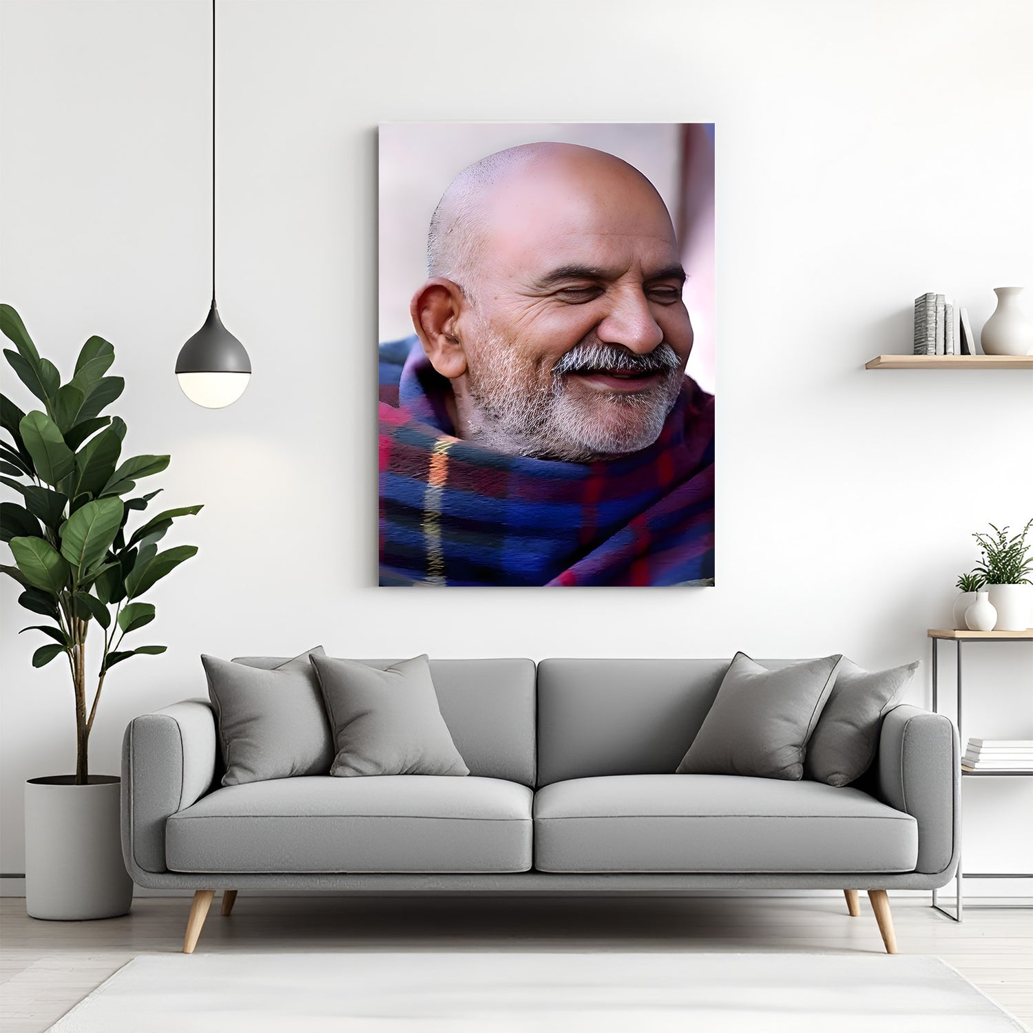 Neem Karoli Baba smiling spiritual canvas wall art with colorful shawl decor
