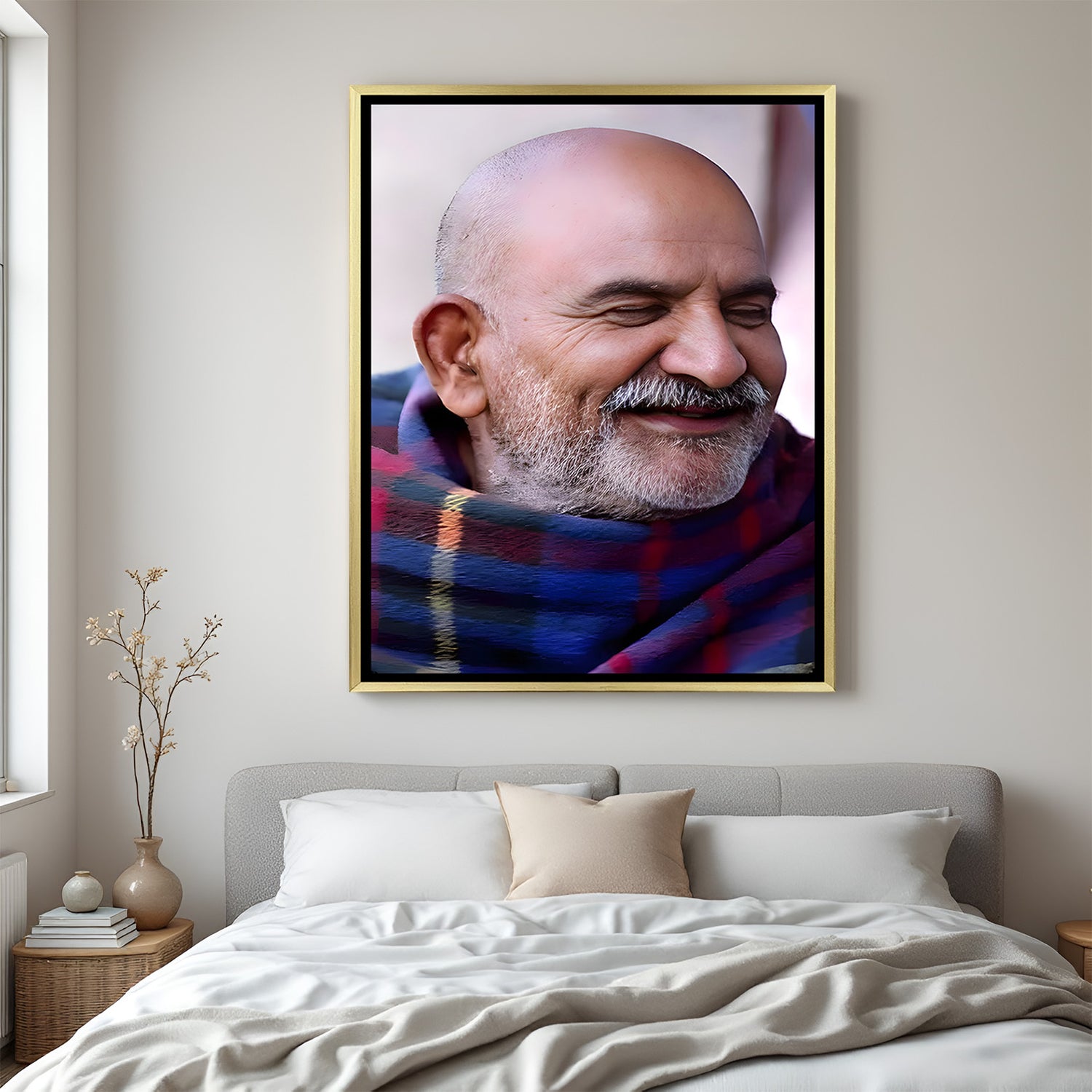 Neem Karoli Baba spiritual artwork in golden floater frame premium wall decor
