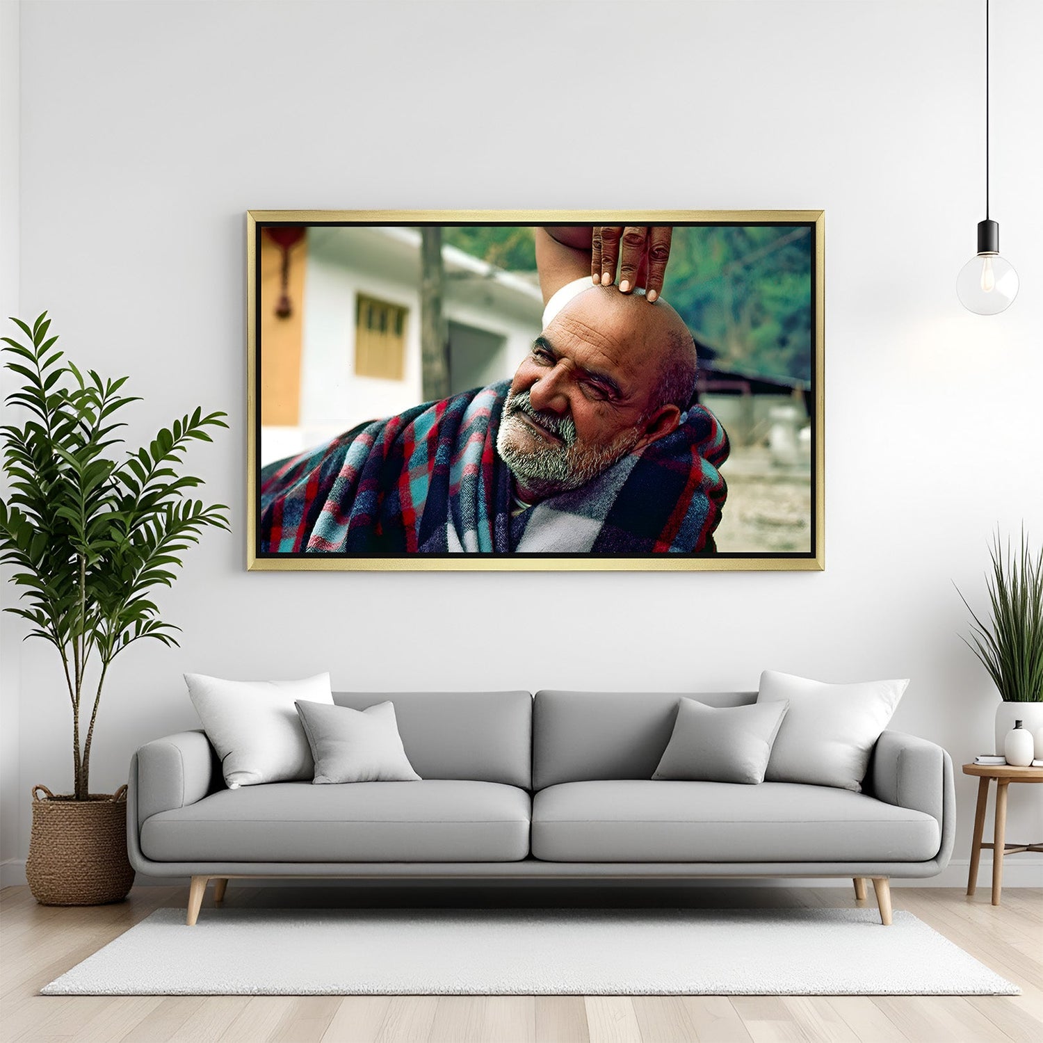 Golden floater frame Neem Karoli Baba canvas painting bringing peace, spirituality, and divine connection to your Vastu decor