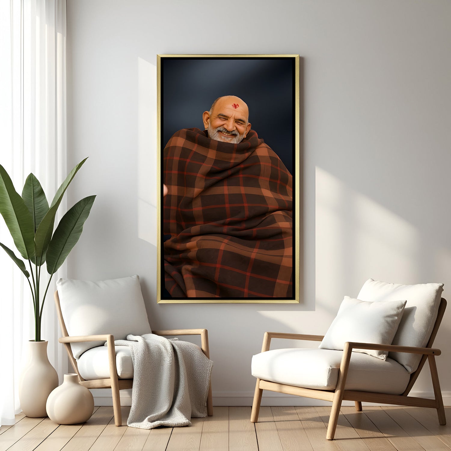 Neem Karoli Baba divine artwork in golden floater frame premium spiritual wall decor