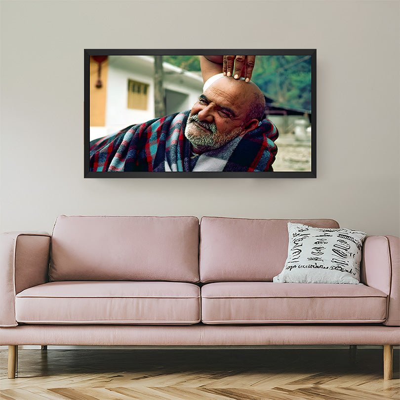 Black floater frame Neem Karoli Baba wall art for calmness, devotion, and positive Vastu energy in home or spiritual spaces