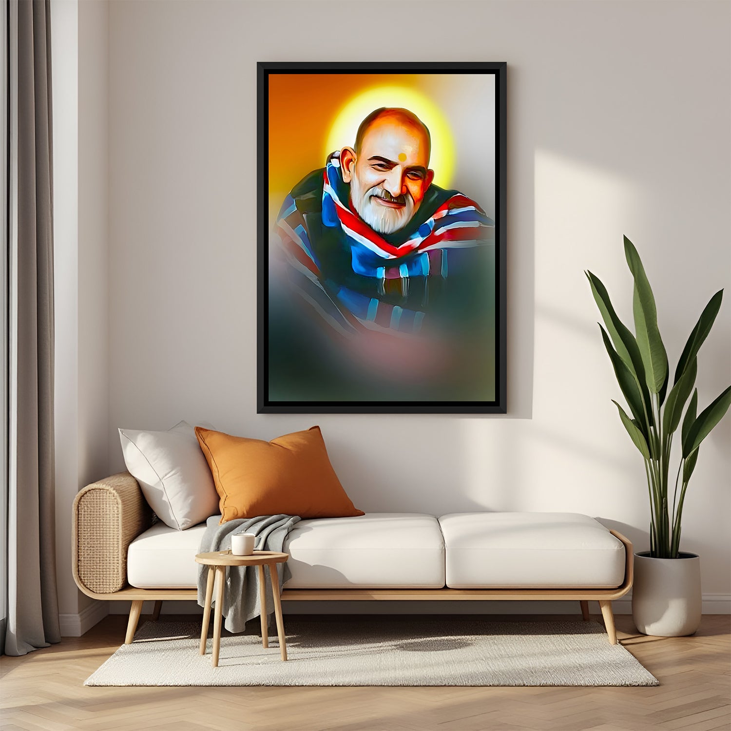 Neem Karoli Baba wall painting with yellow halo background in elegant black floater frame
