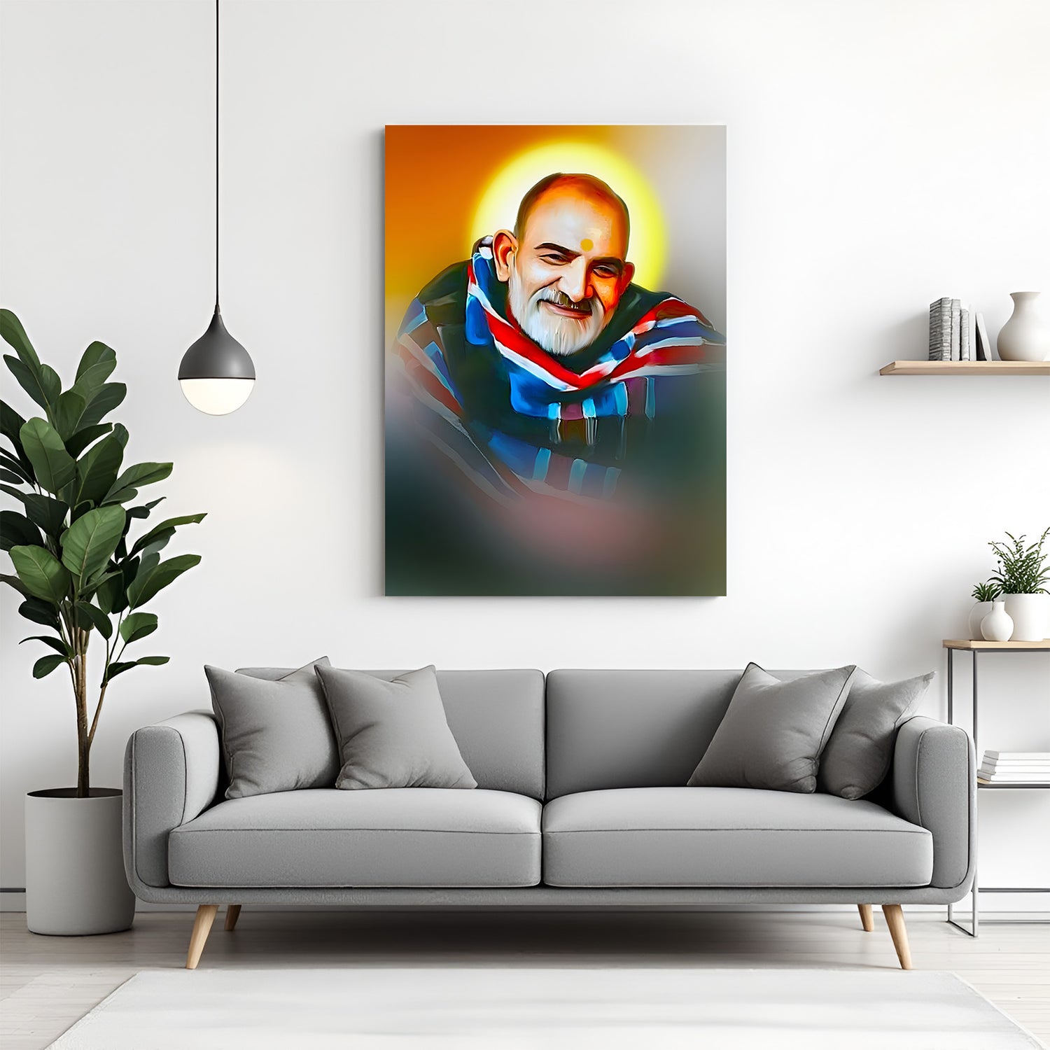Neem Karoli Baba spiritual canvas wall art with smiling portrait and glowing yellow circle background in canvas wrapped frame