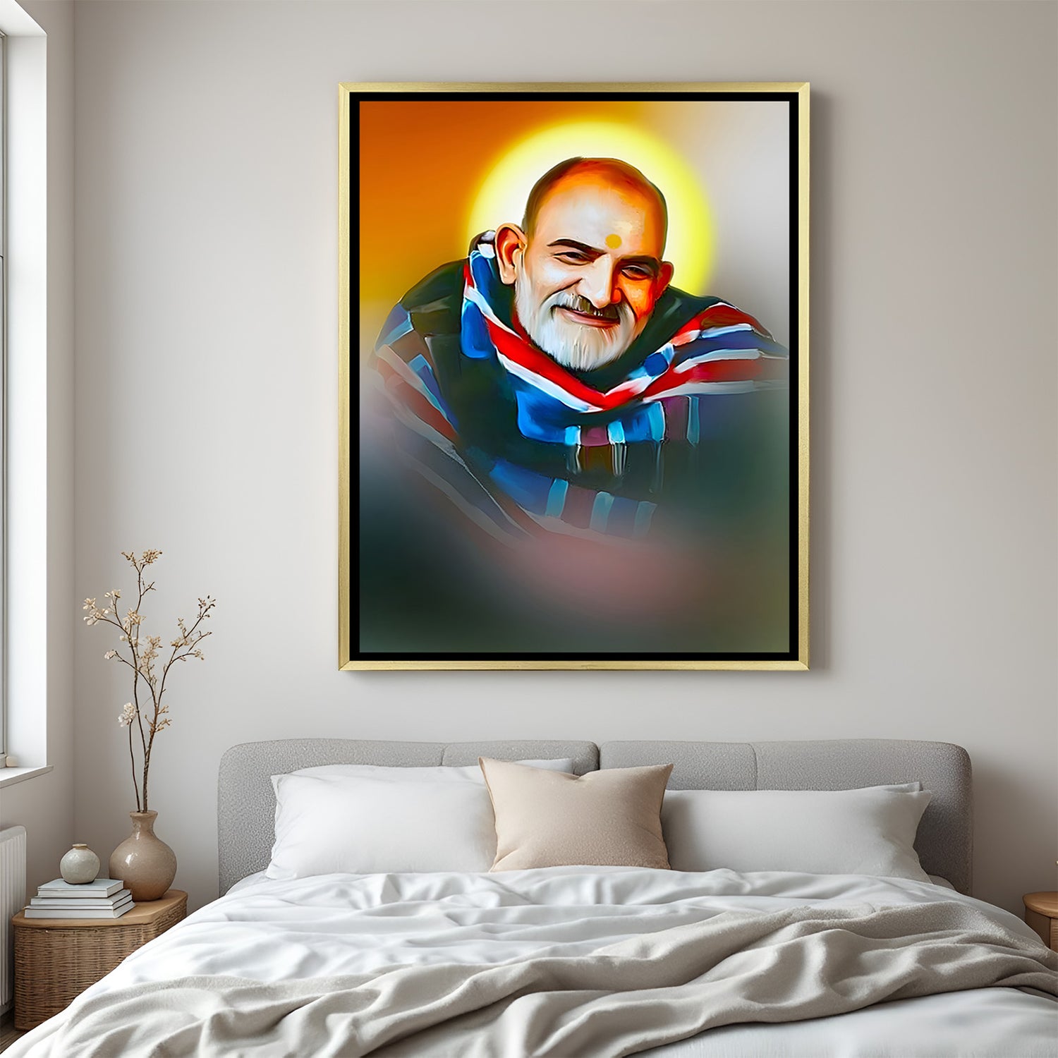 Neem Karoli Baba spiritual artwork in luxury golden floater frame with glowing yellow circular backdrop