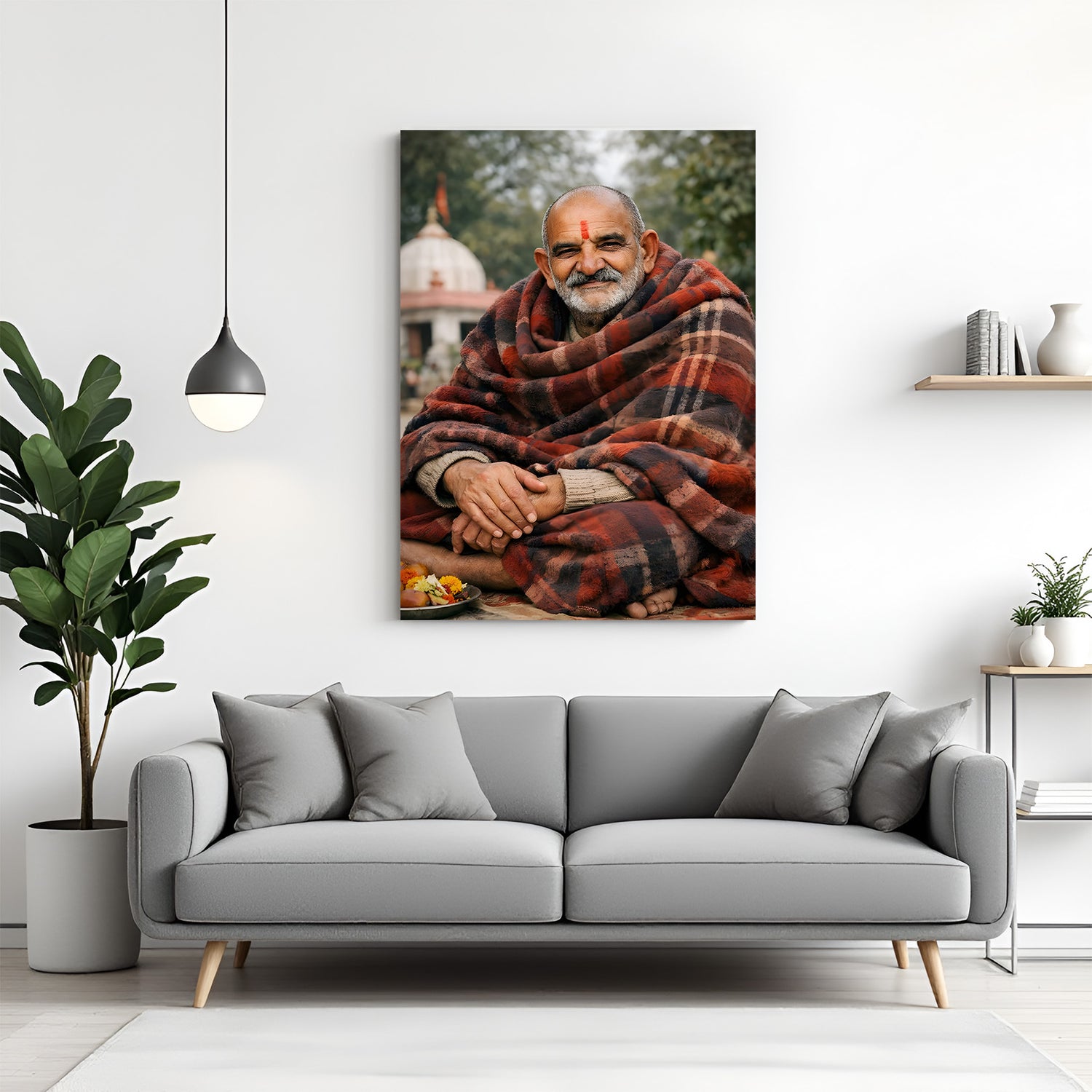 Neem Karoli Baba smiling spiritual wall art with red tilak and temple background