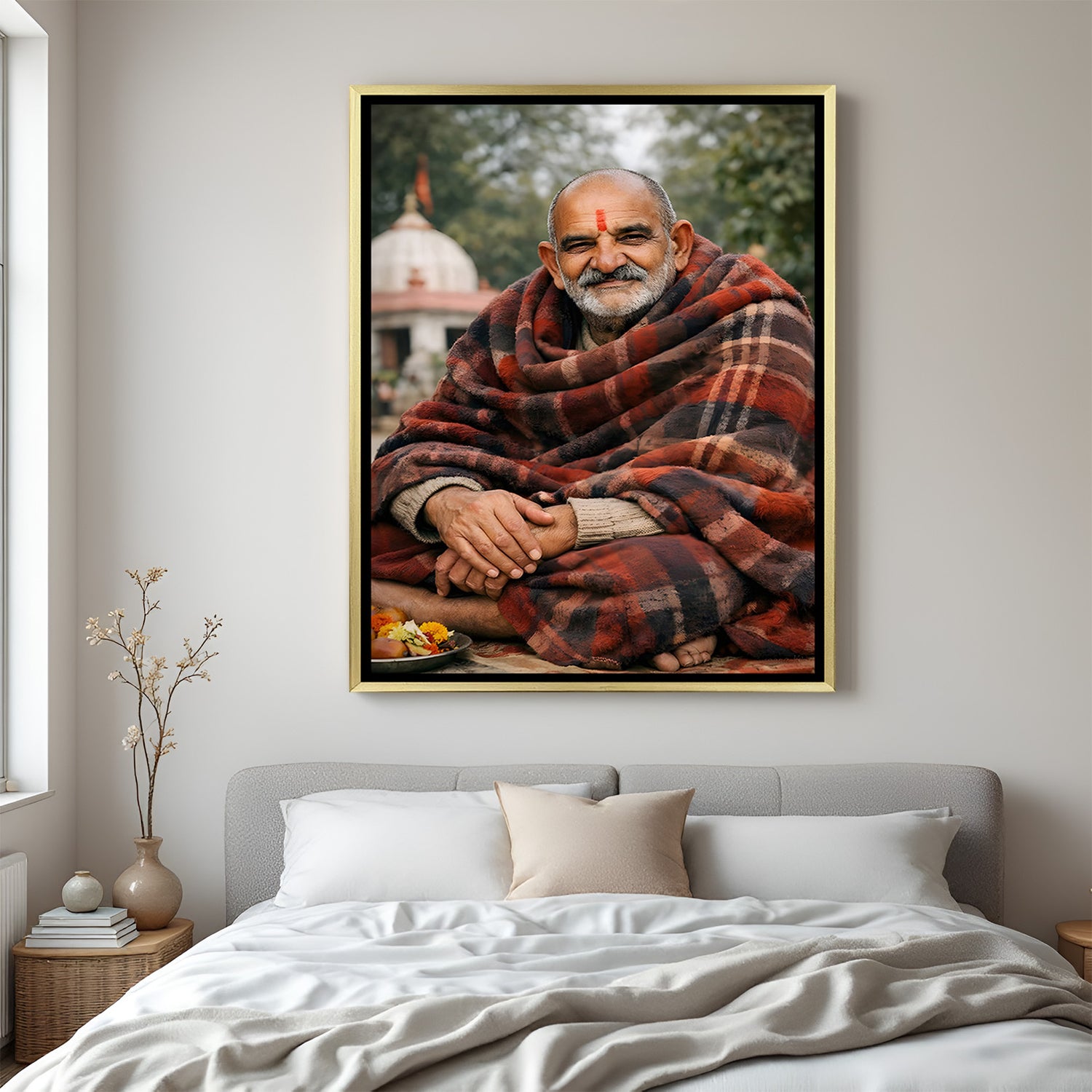 Neem Karoli Baba spiritual artwork in golden floater frame premium temple decor