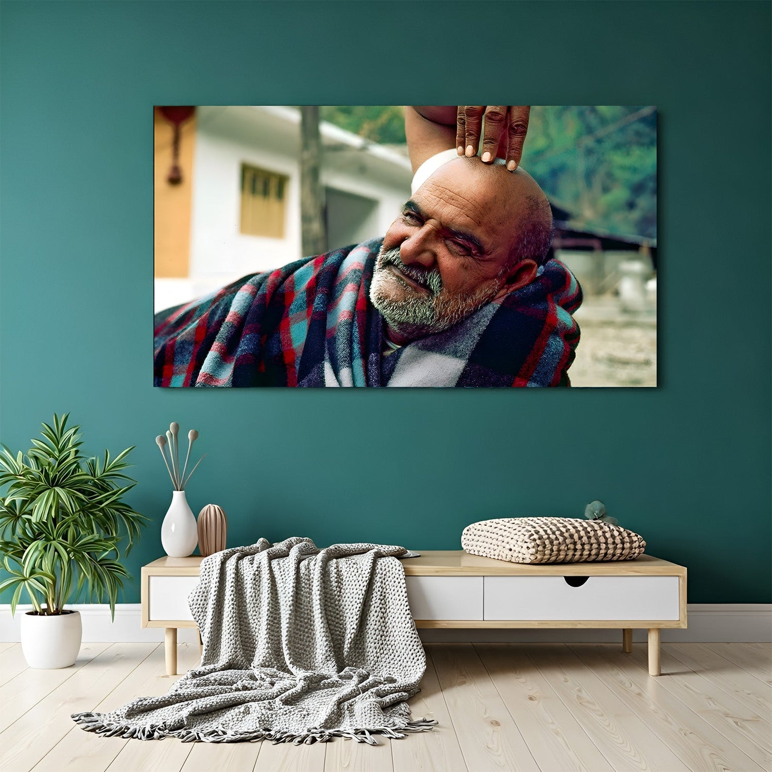 Neem Karoli Baba Vastu canvas wall art for divine blessings, peace, and spiritual harmony in meditation and pooja room decor