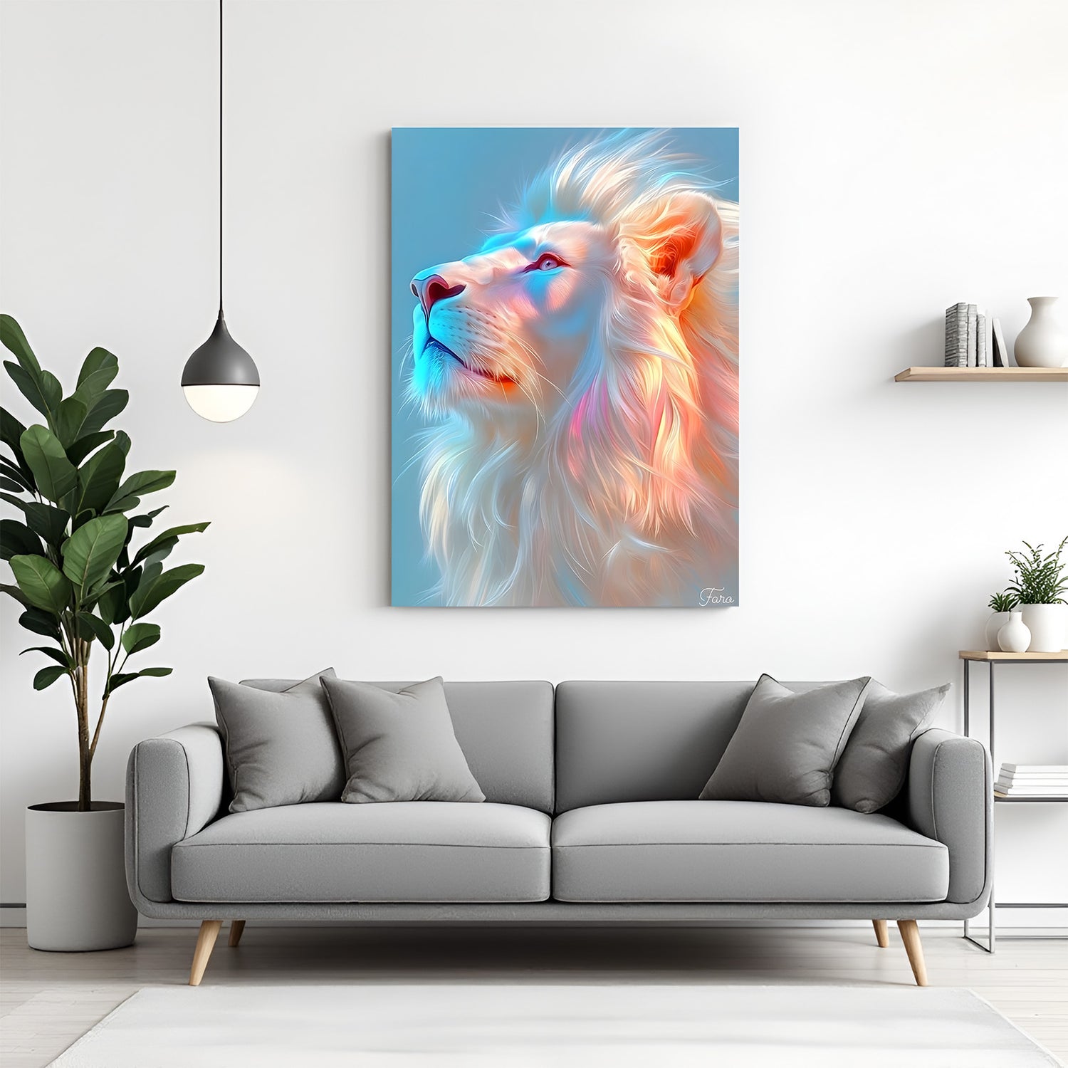 Contemporary lion wall art in canvas wrapped frame featuring vibrant blue and neon orange highlights on a white lion portrait.
