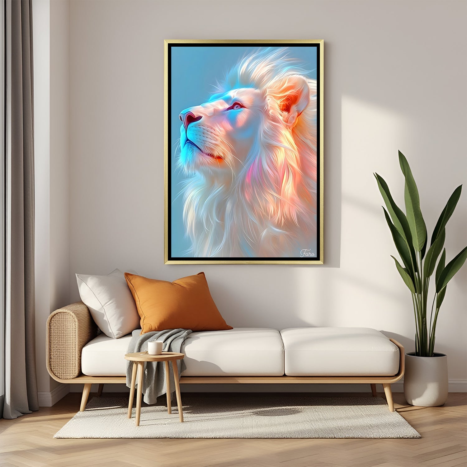 Luxury neon lion portrait wall art in gold floater frame with vibrant contemporary color accents
