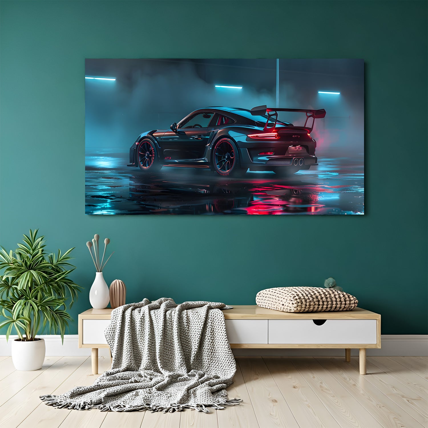Horizontal neon sports car wall art with red reflections and blue lighting.