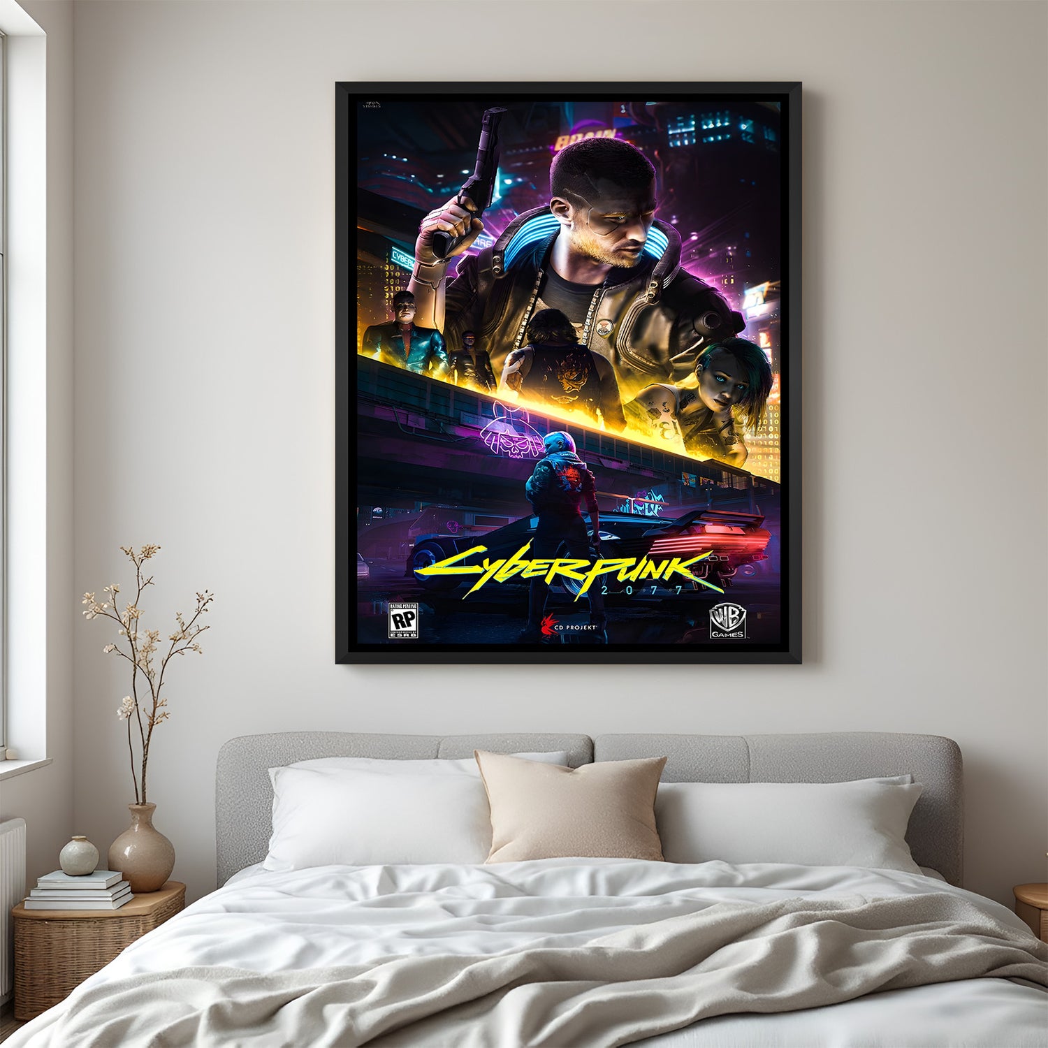 Neon Rebels of Night City wall painting in black floater frame with futuristic cyberpunk gaming artwork