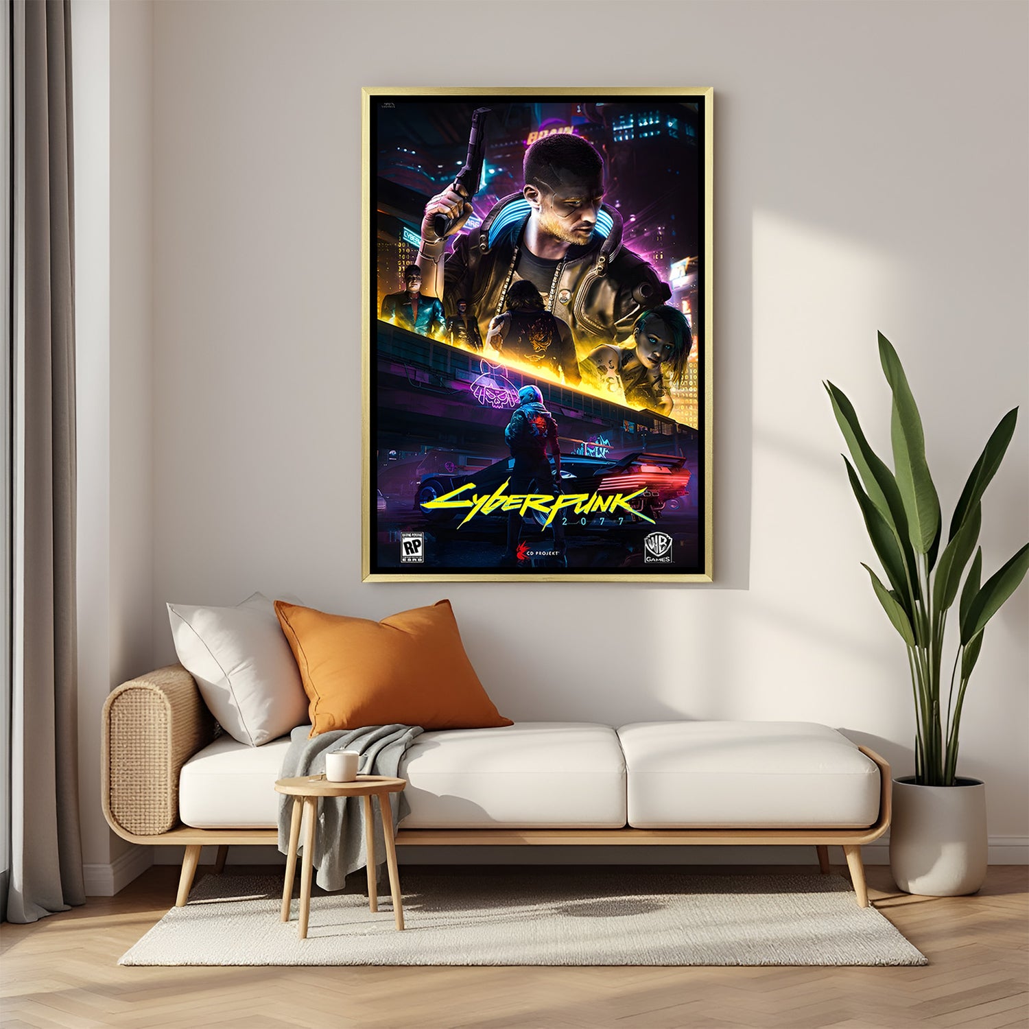 Neon Rebels of Night City artwork in luxury golden floater frame featuring cyberpunk-inspired character ensemble design